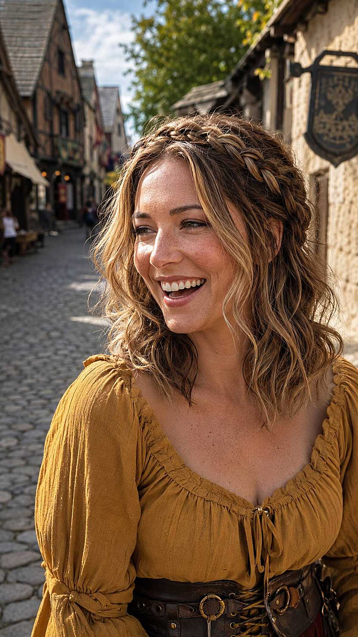 Wavy brown hair with small braided headband in mustard top
