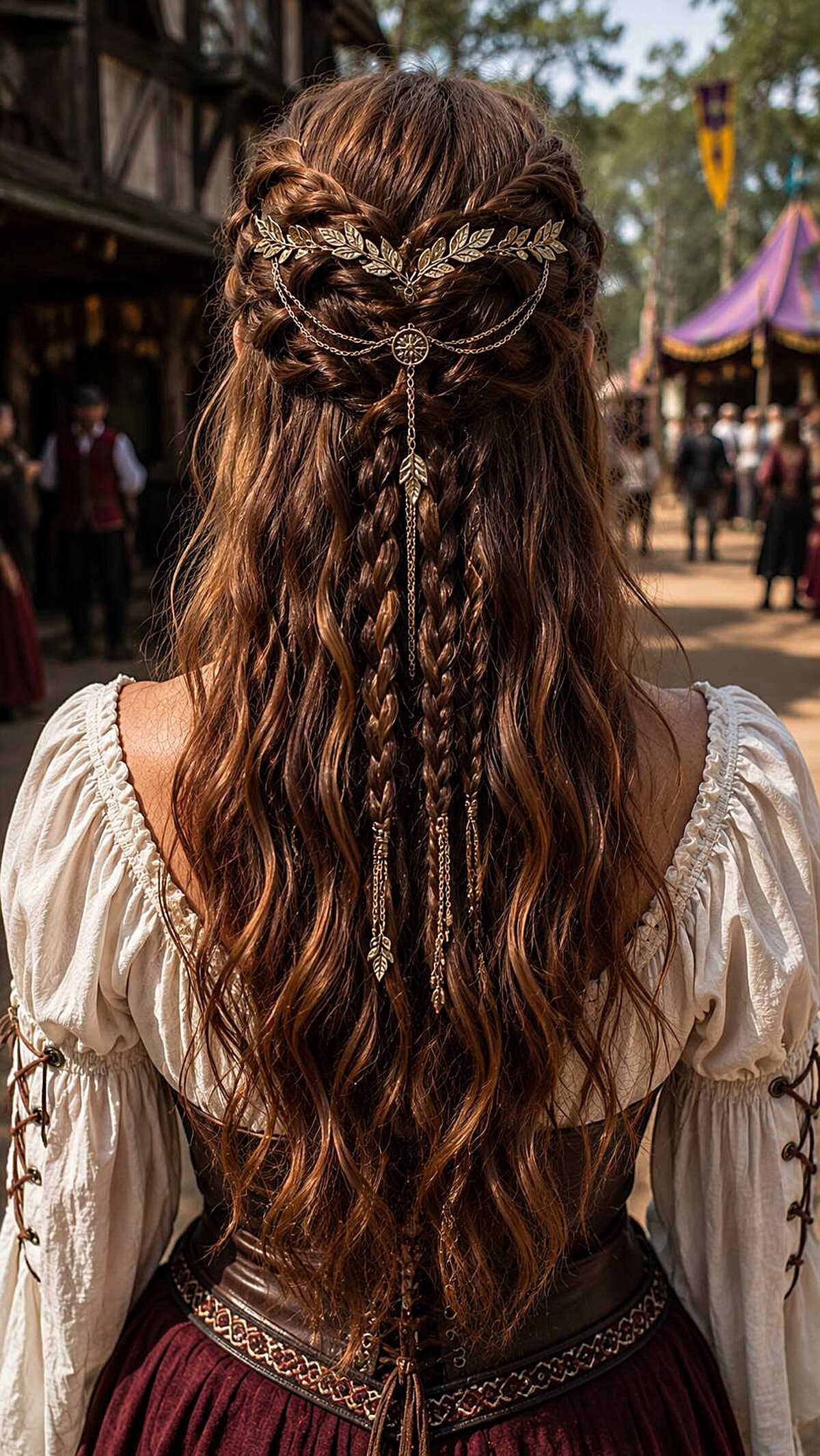 Braided half-up with gold leaf crown and chain accessories