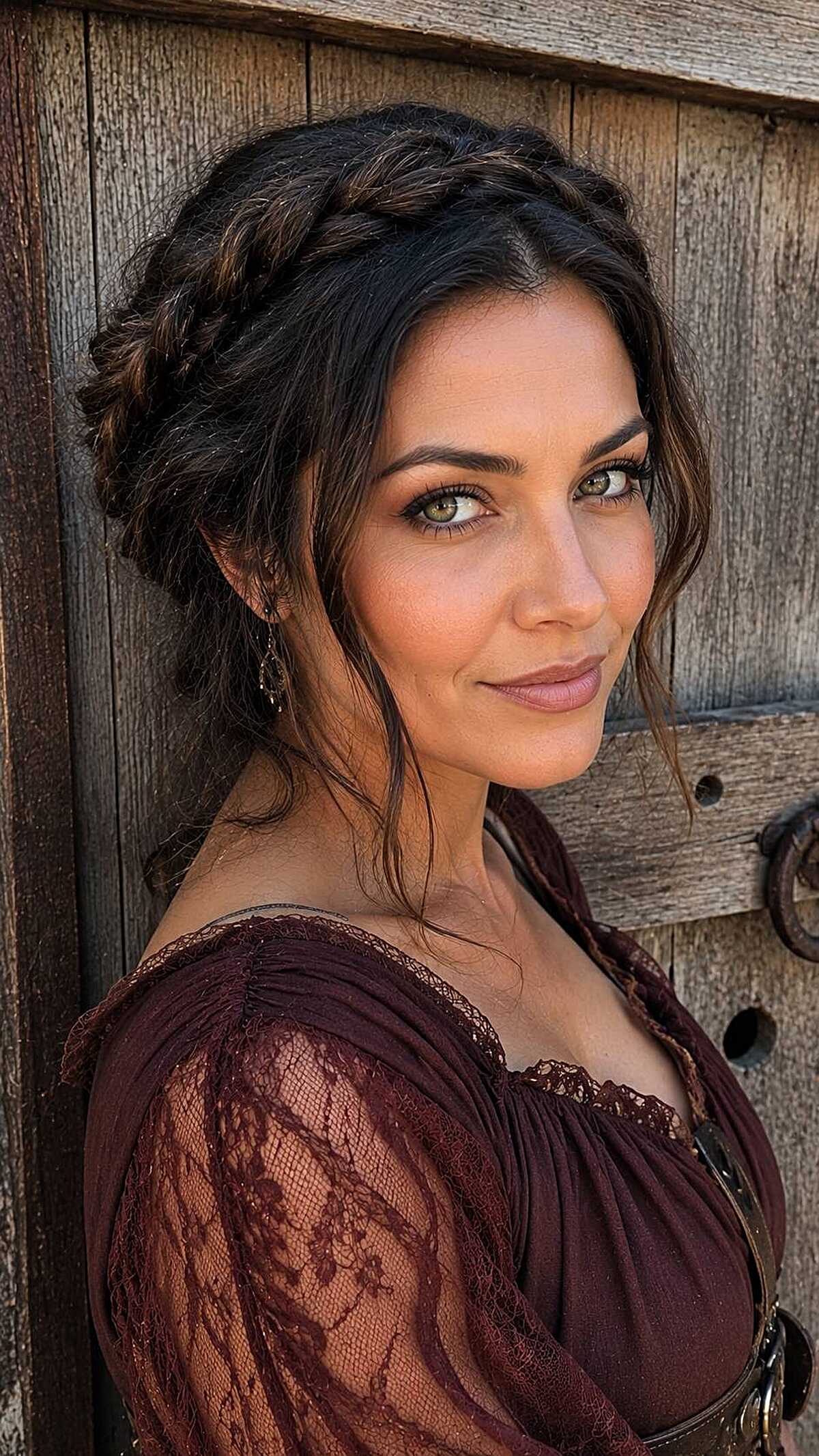 Dark brunette fishtail braid wrapped as crown updo