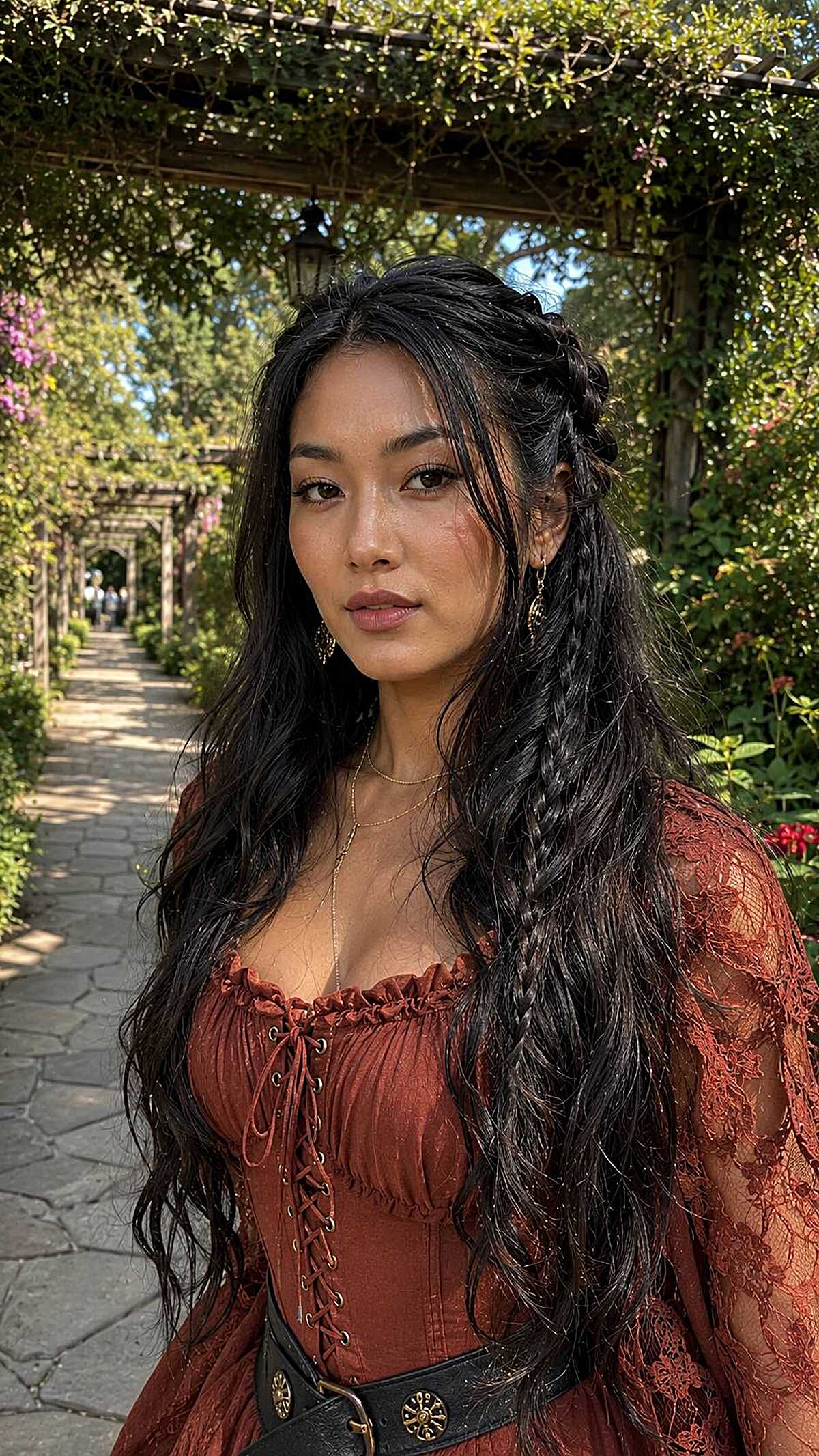 Long black hair with half-up braids and small accent braids