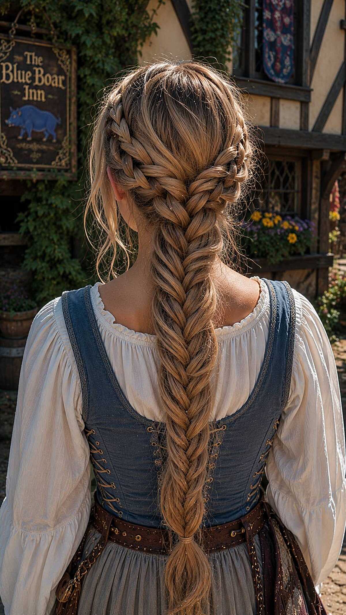 Blonde French braid transitioning to a long fishtail braid