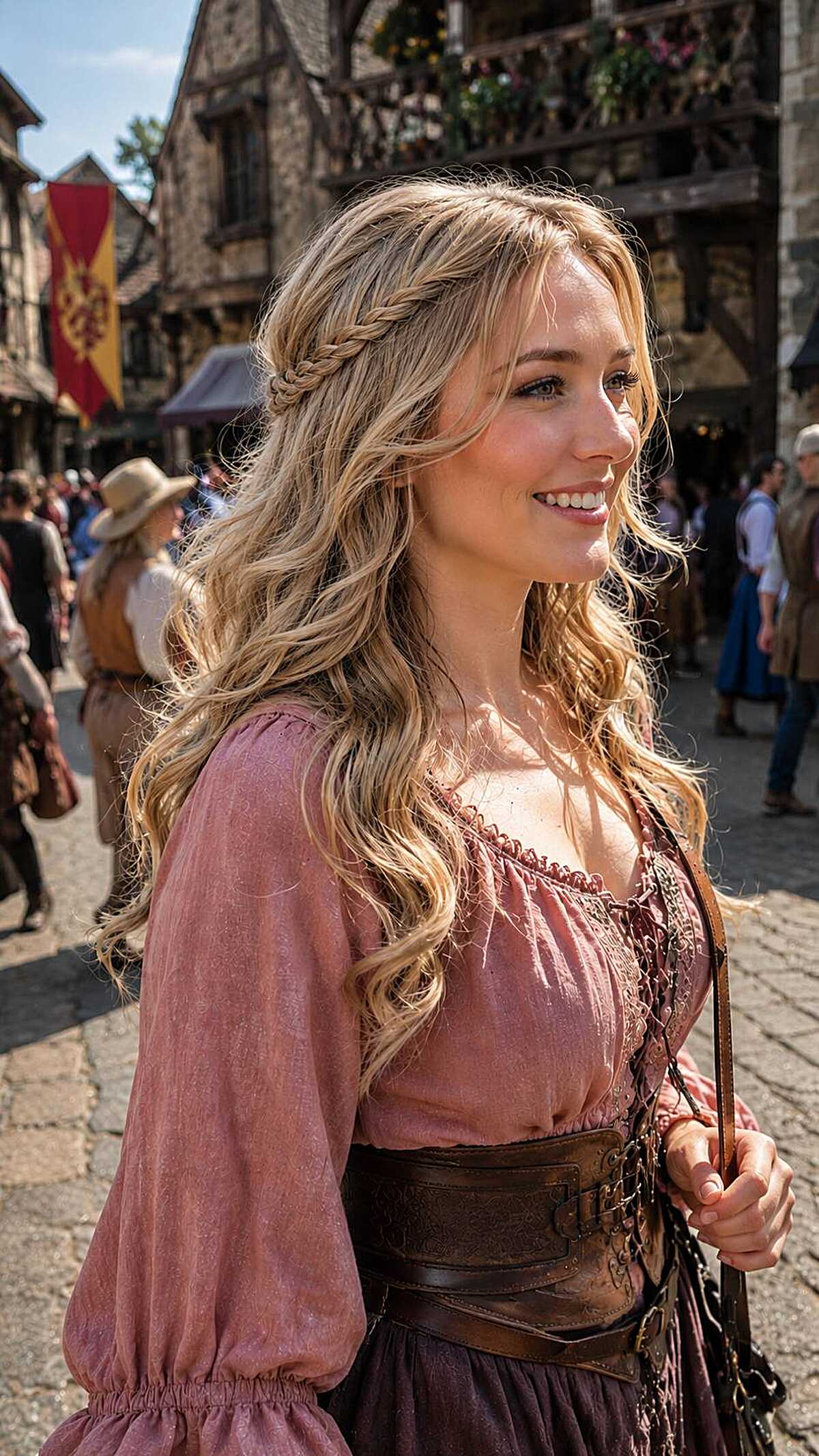Blonde side braid accent with long tousled wavy hair