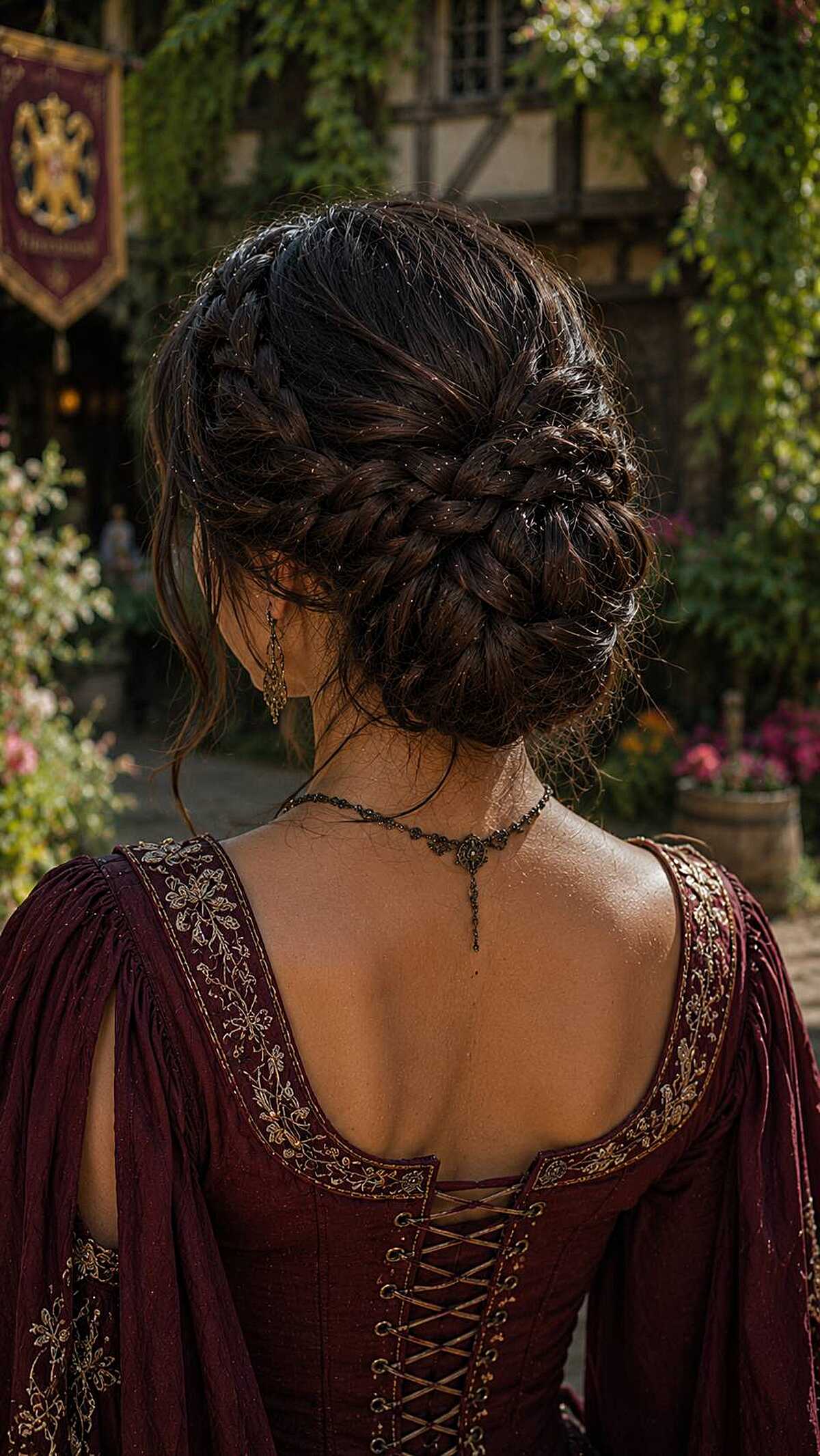 Elaborate braided low chignon updo with burgundy dress