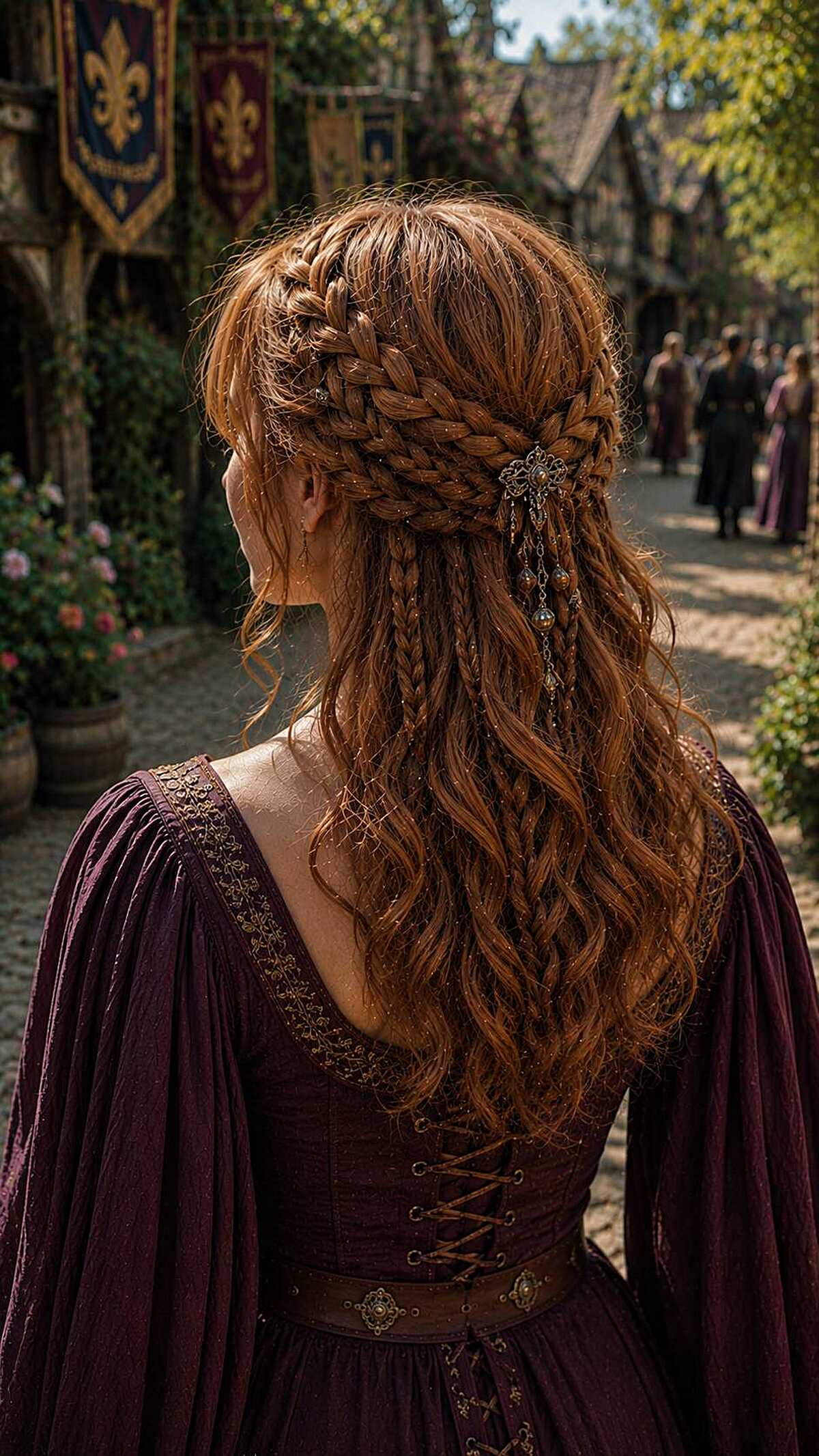 Red hair with layered braids, jeweled clip, and waves down