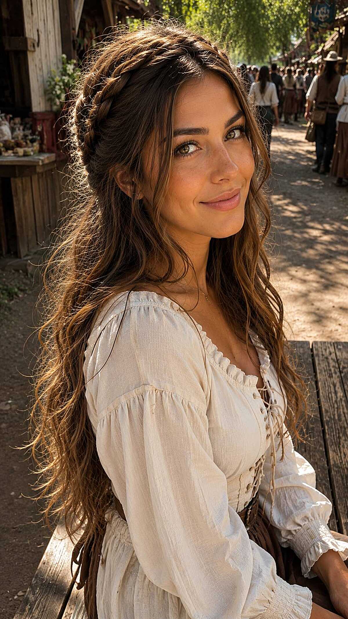 Long wavy brunette hair with thin braided crown headband