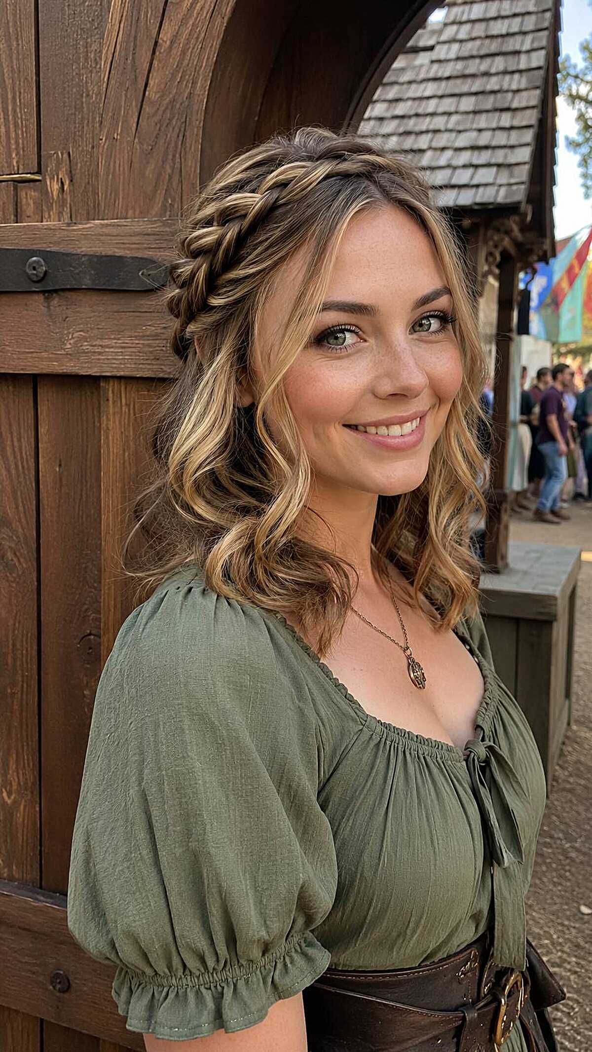 Crown braid with loose blonde waves and green peasant top