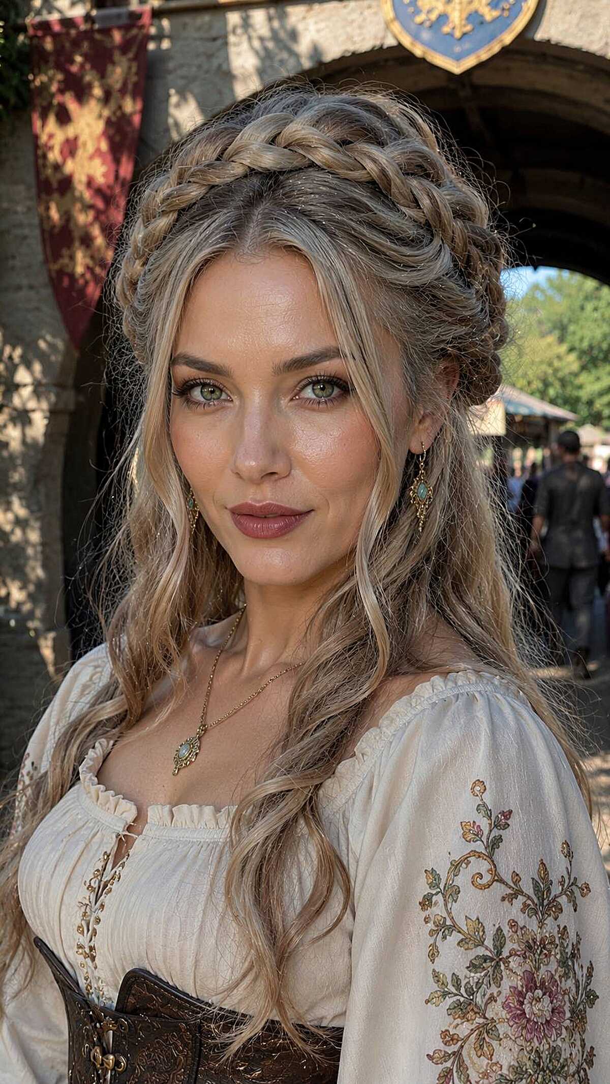 Thick blonde braided crown with long wavy hair down