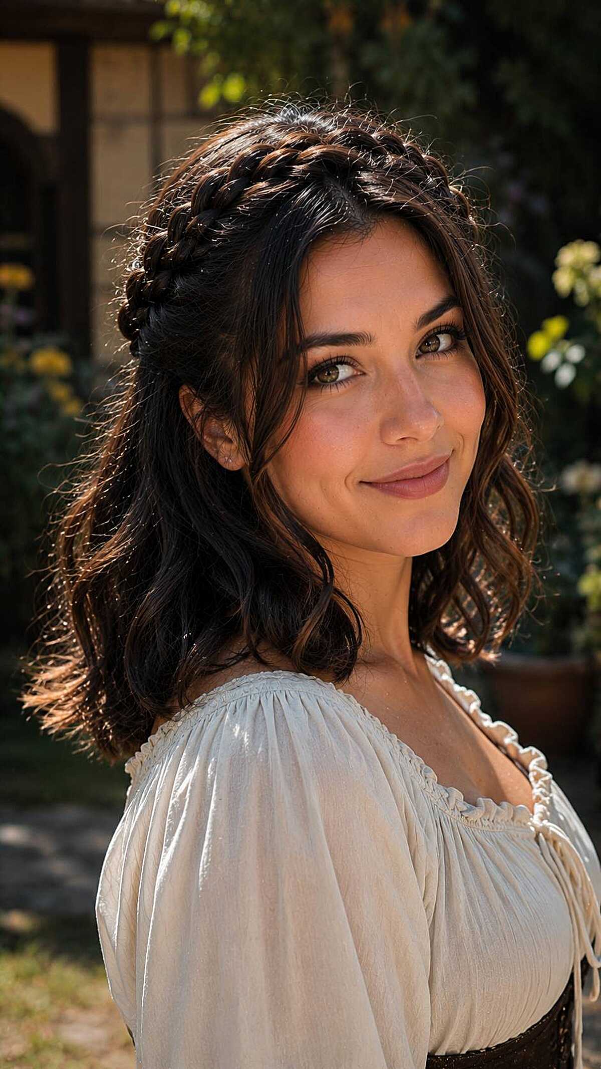 Short wavy dark hair with a braided headband detail