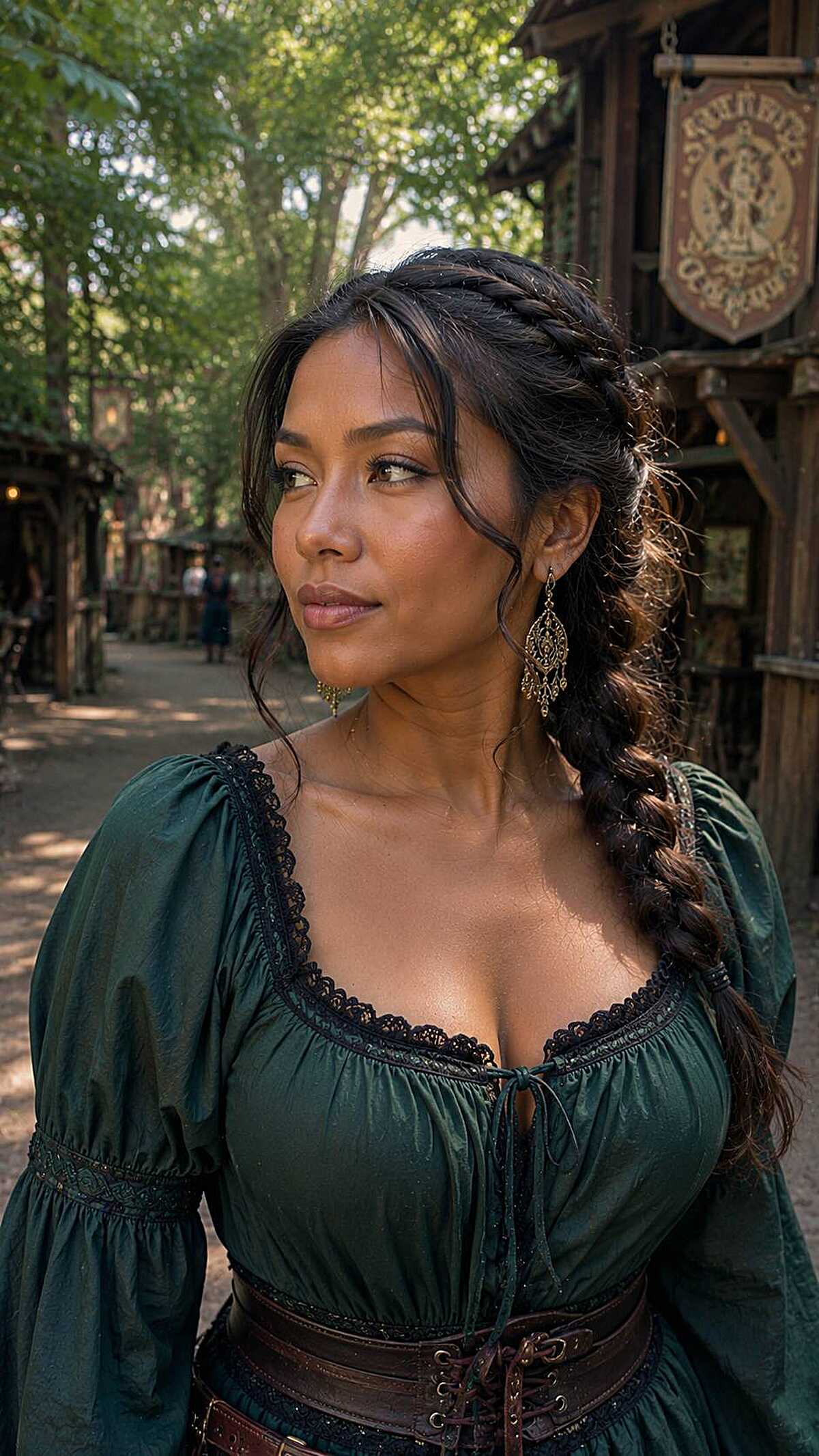 Dark hair with rope braid pulled to the side over shoulder