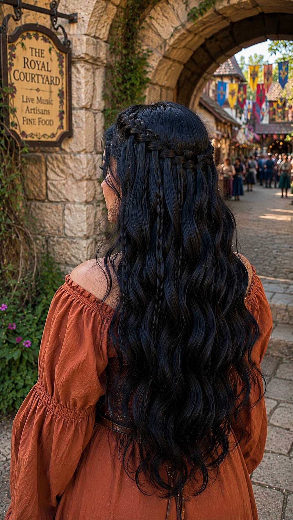 Black hair waterfall braid with trailing plaits and waves