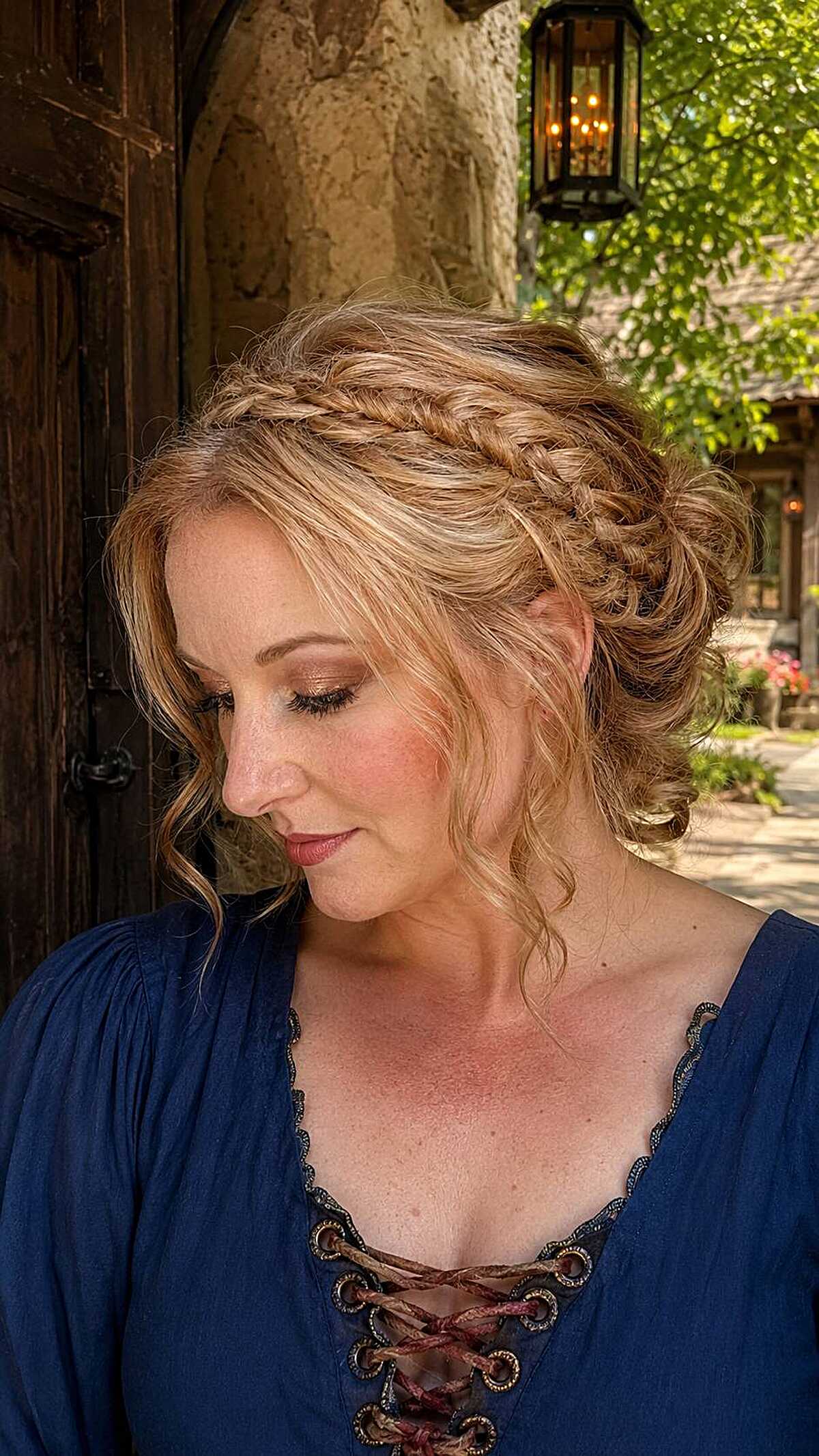 Blonde fishtail crown updo with loose curly tendrils