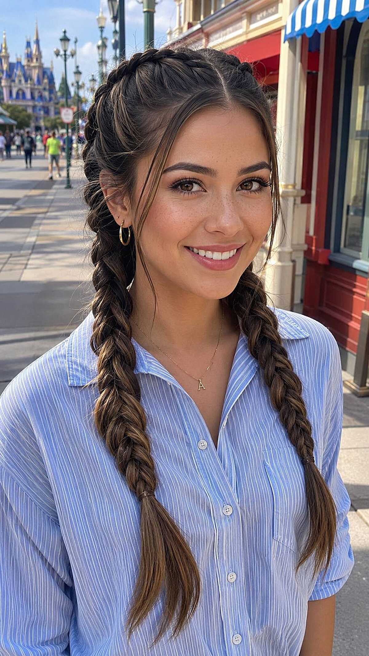 Double fishtail braids with face-framing pieces at Disney