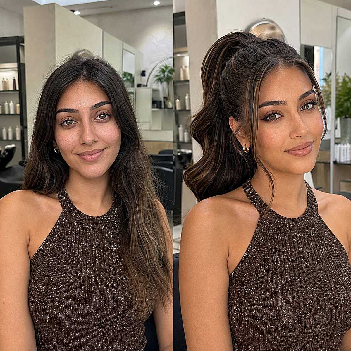 Before and after voluminous half-up ponytail styling