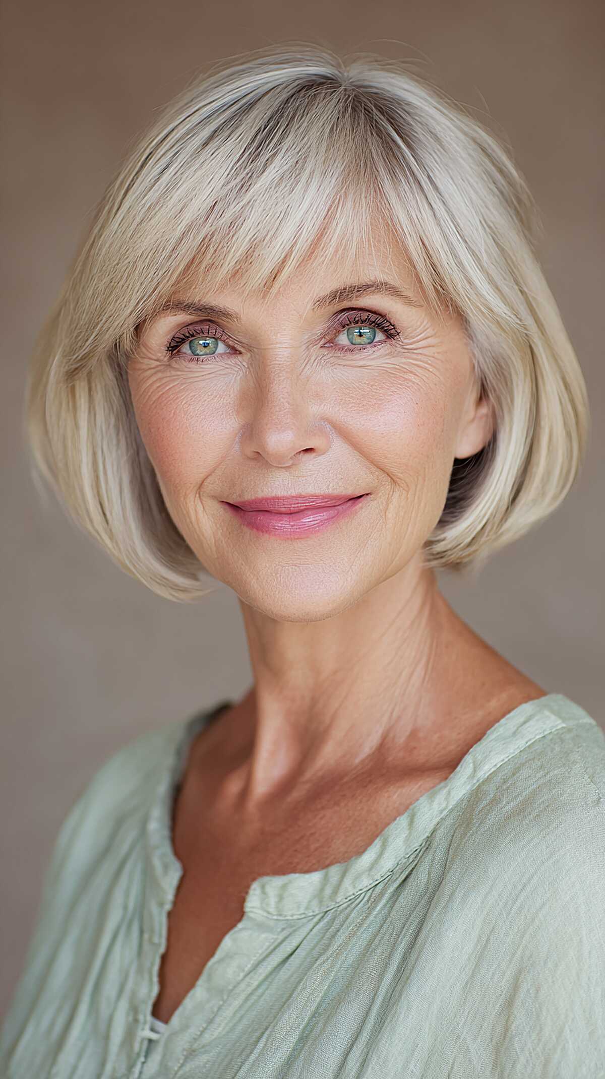 Ash Blonde Jaw-Length Bob with Parted Wispy Bangs
