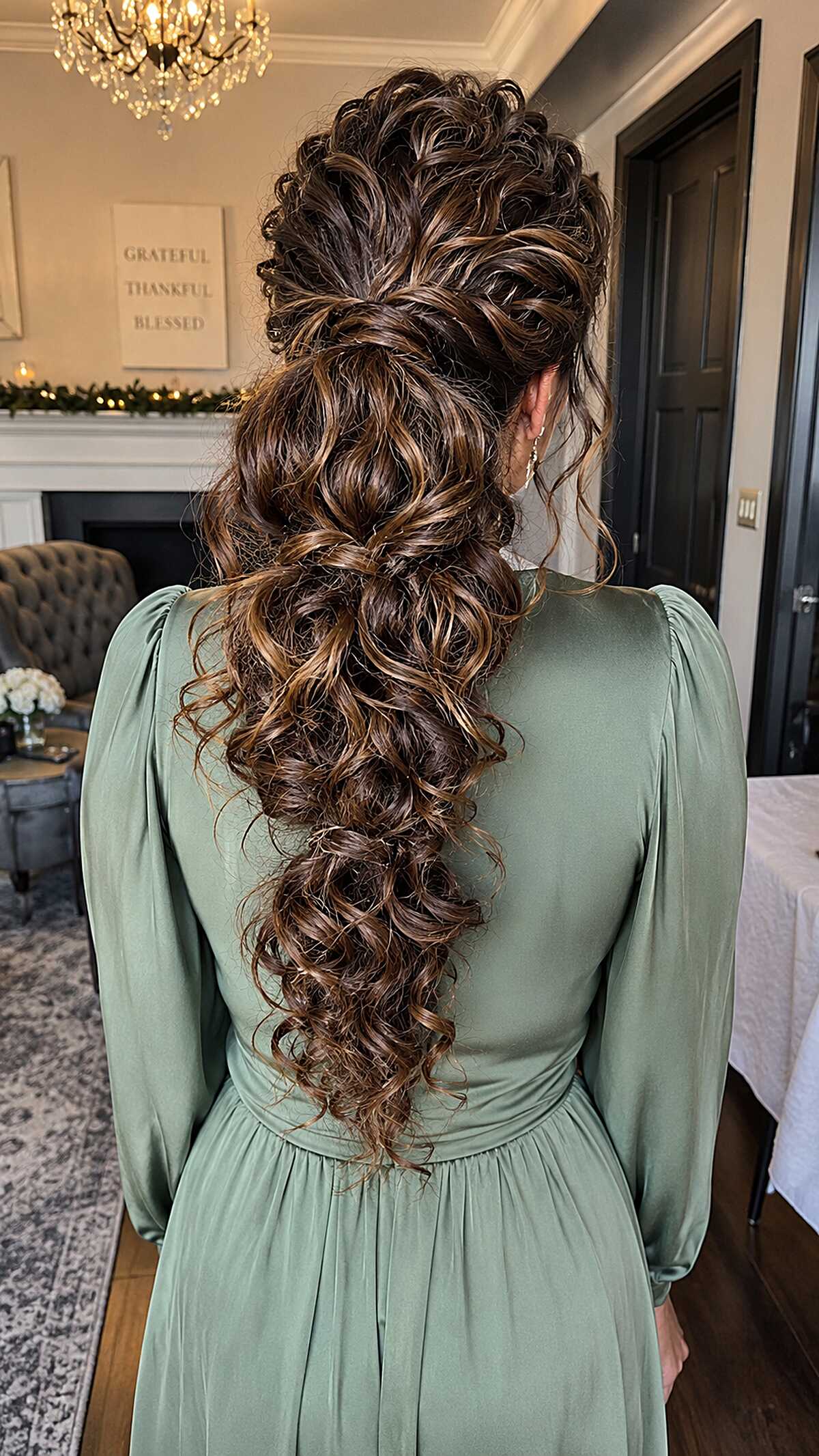 Cascading Pulled Curly Braid with Toffee Highlights Down the Spine