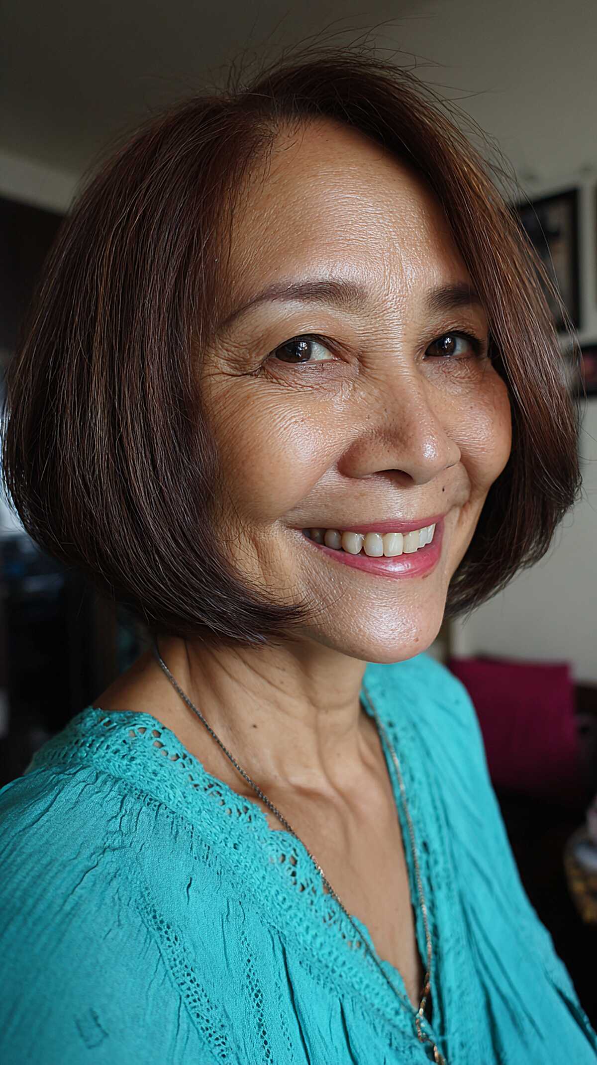 Chestnut Brown Rounded Bob with Inward Curl
