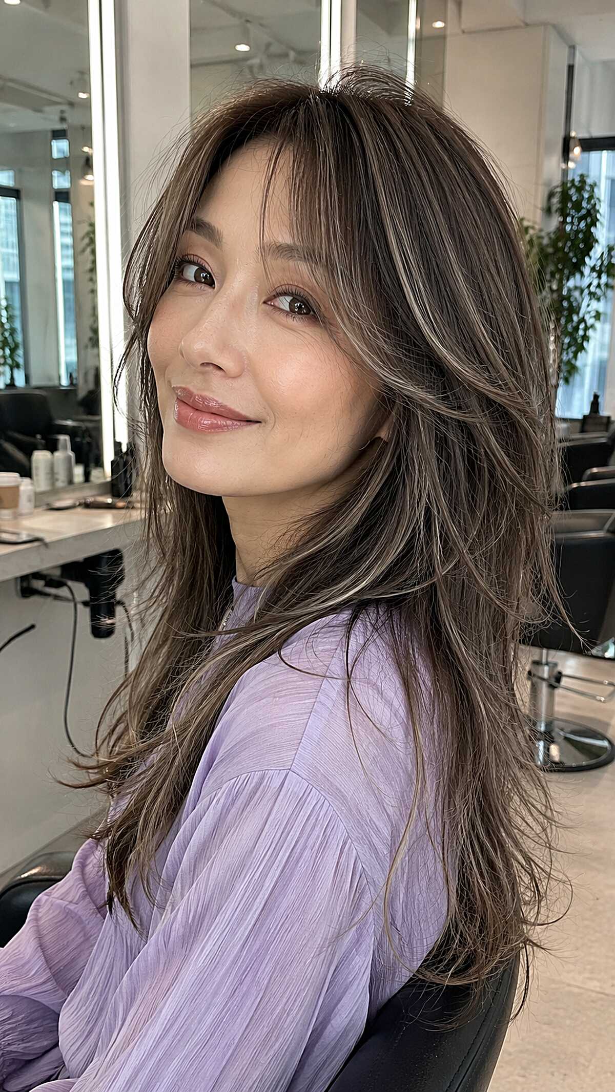 Cool Ash Highlights on Layered Dark Brunette with Wispy Face Frame