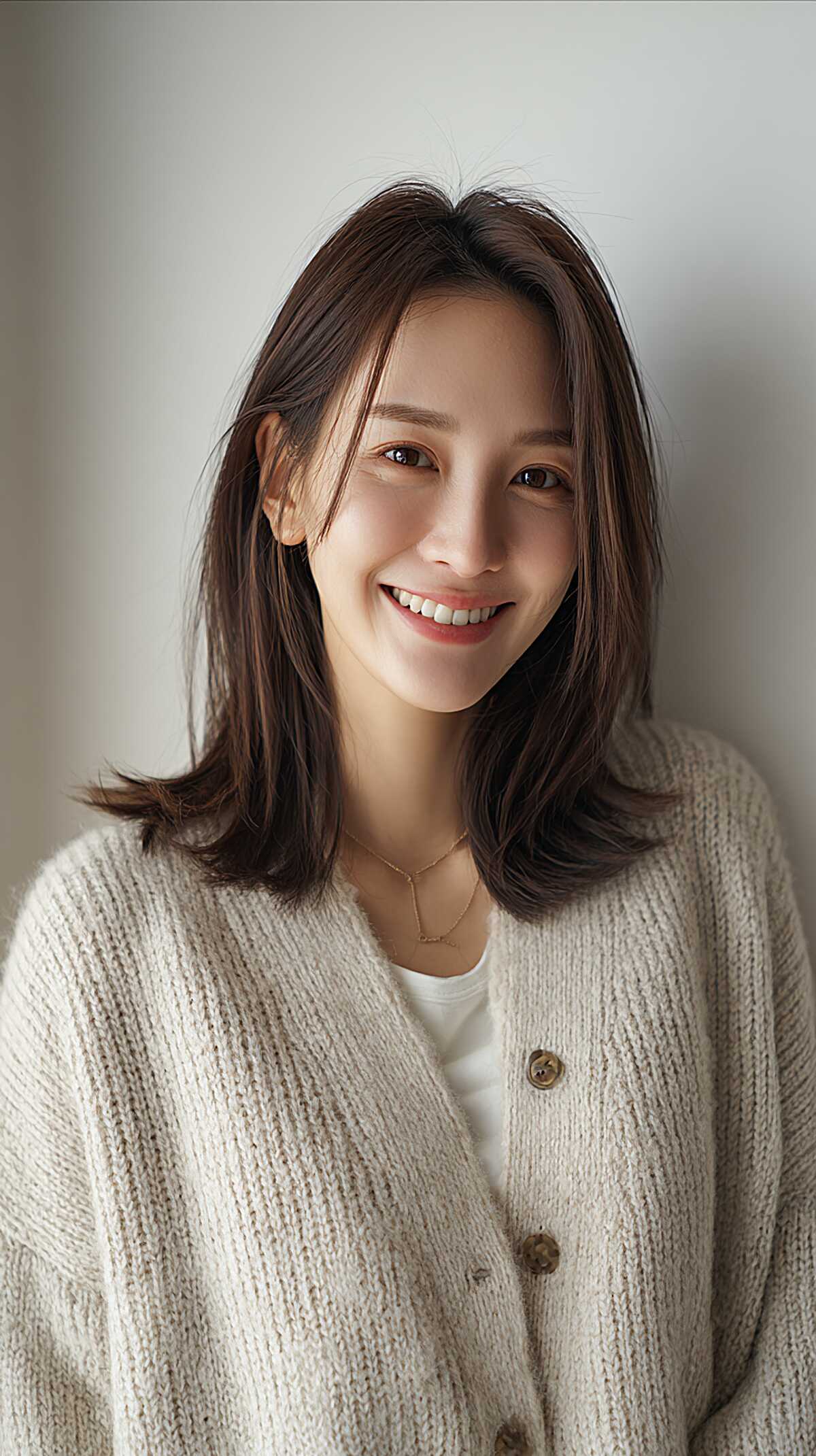 Cool Brunette Collarbone Cut with Soft Curtain Face Frame