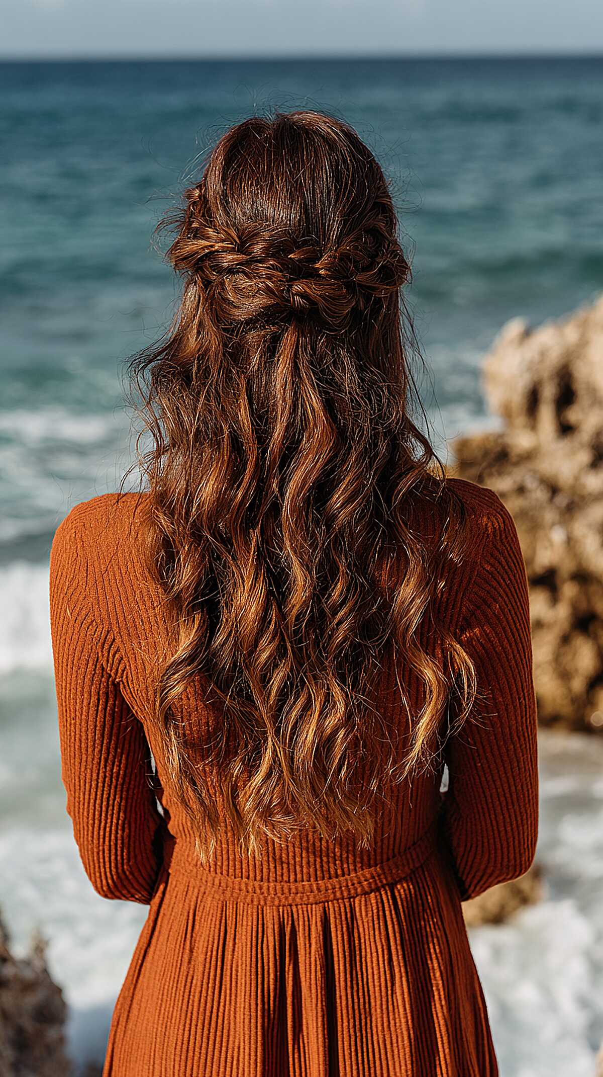 Crown Braid Wrapped into Loose Copper Waves