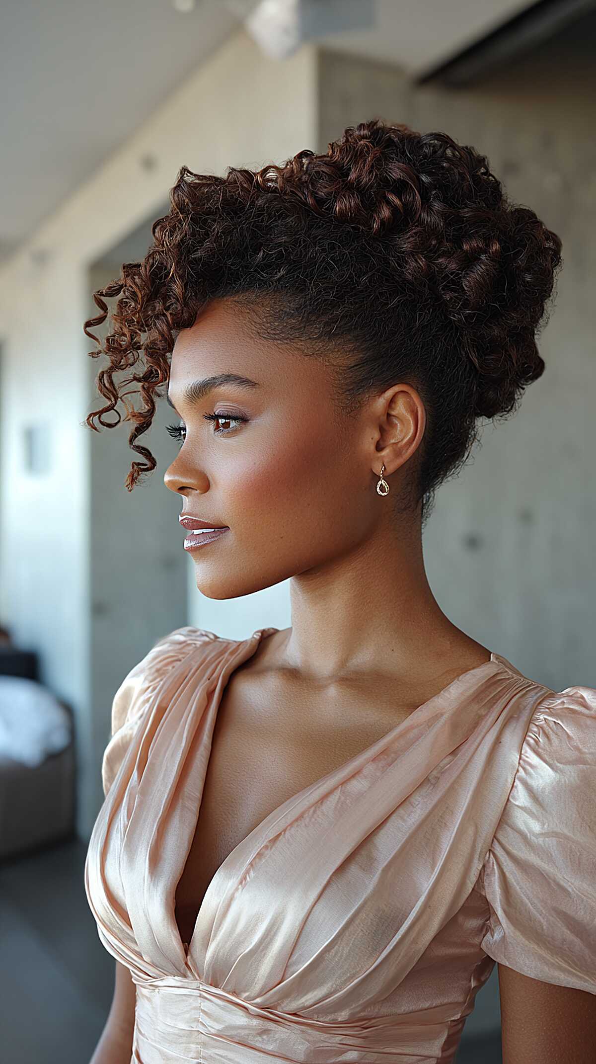 Curly Mohawk-Style Updo with Spiral Fringe Spill