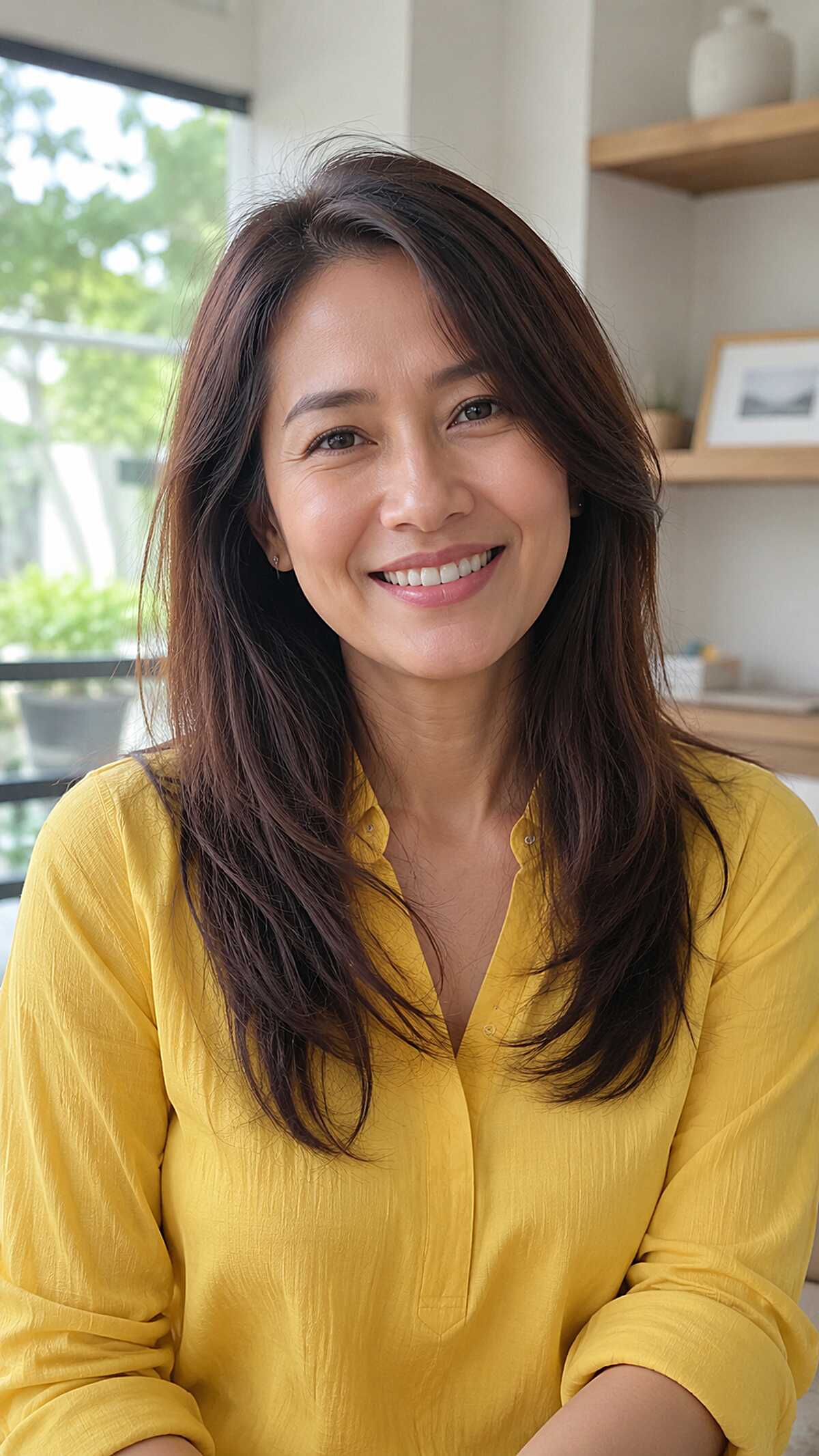 Dark Brunette Mid-Length Layers with Soft Swooped Face Frame
