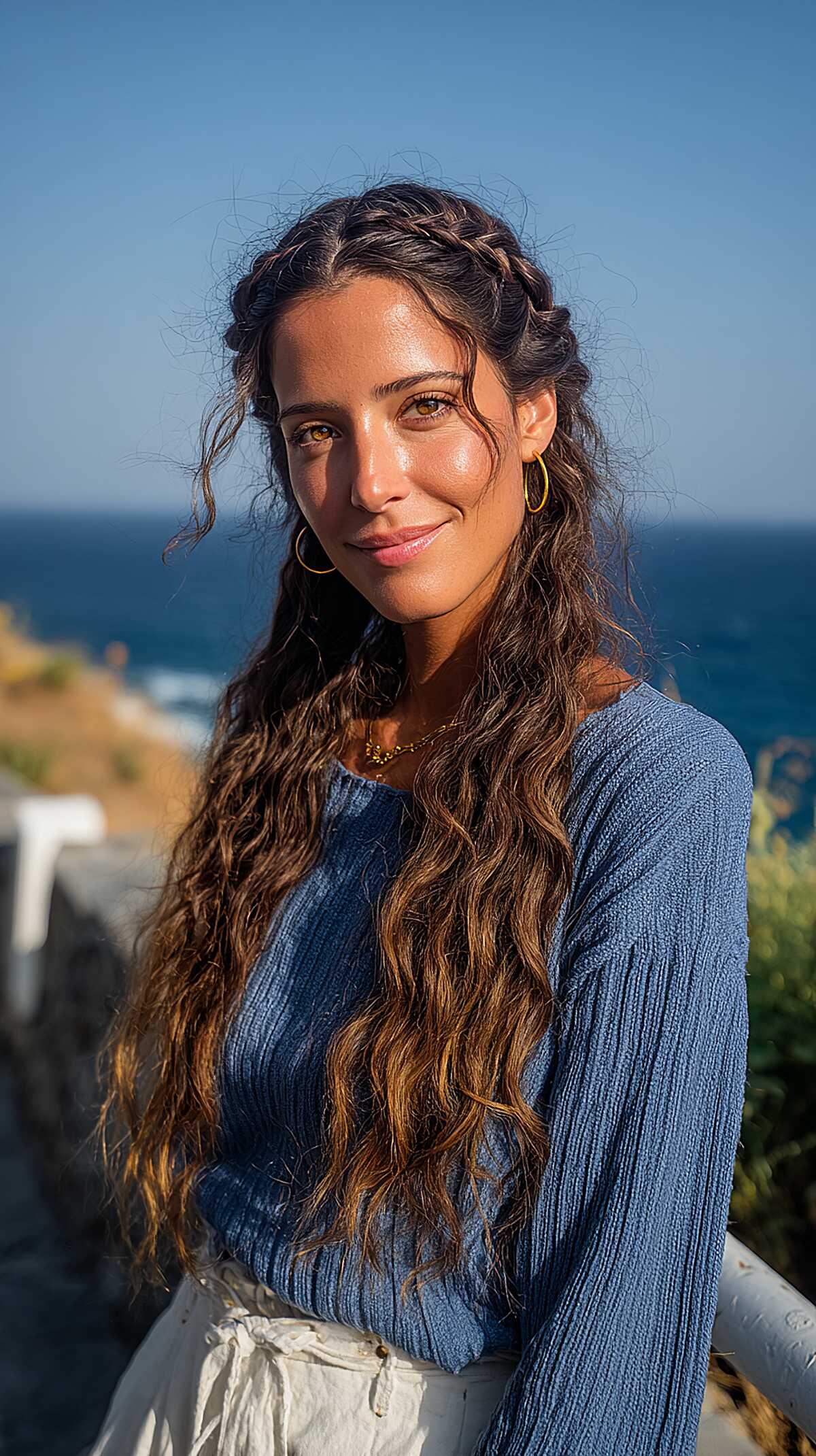 Dutch Crown Braid Over Long Natural Curls with Sun-Kissed Midshaft Color
