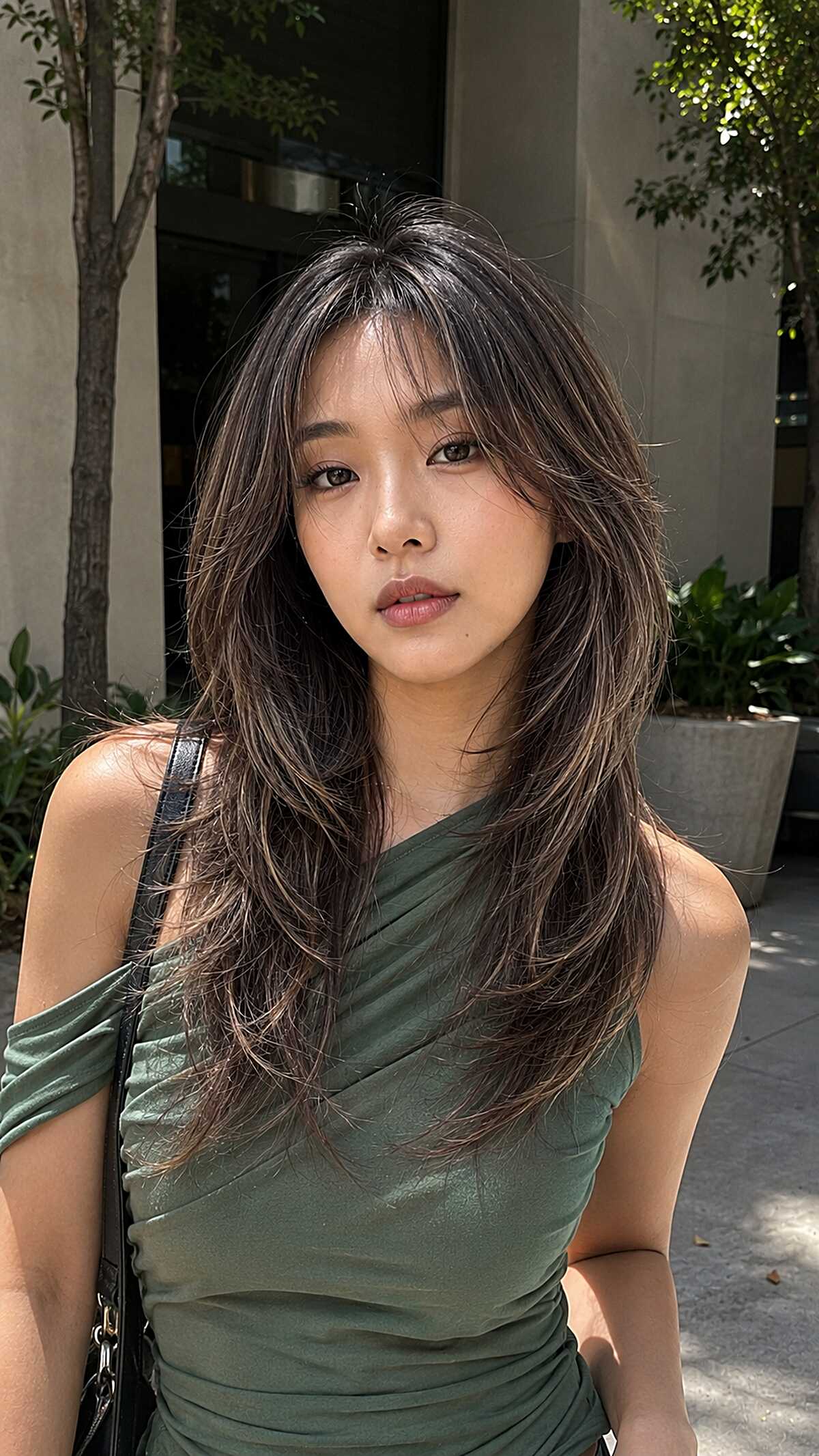 Feathered Dark Brunette with Airy Center-Parted Fringe