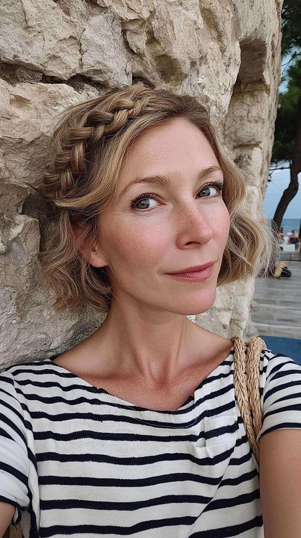 Fishtail Crown Accent on Chin-Length Wavy Dark Blonde Bob