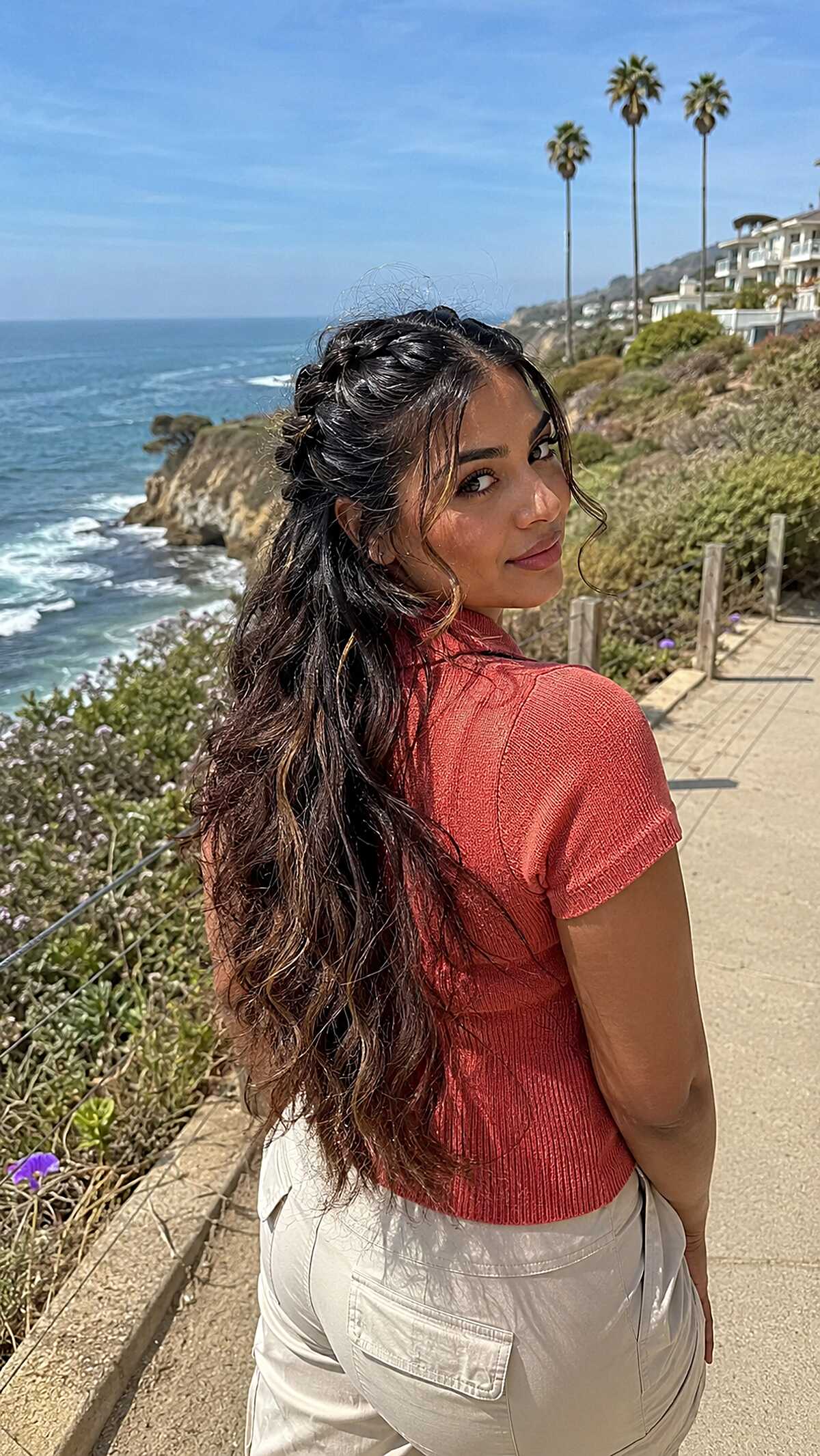 Half-Up Dutch Braids Gathered Over Long Wavy-Curly Dark Hair