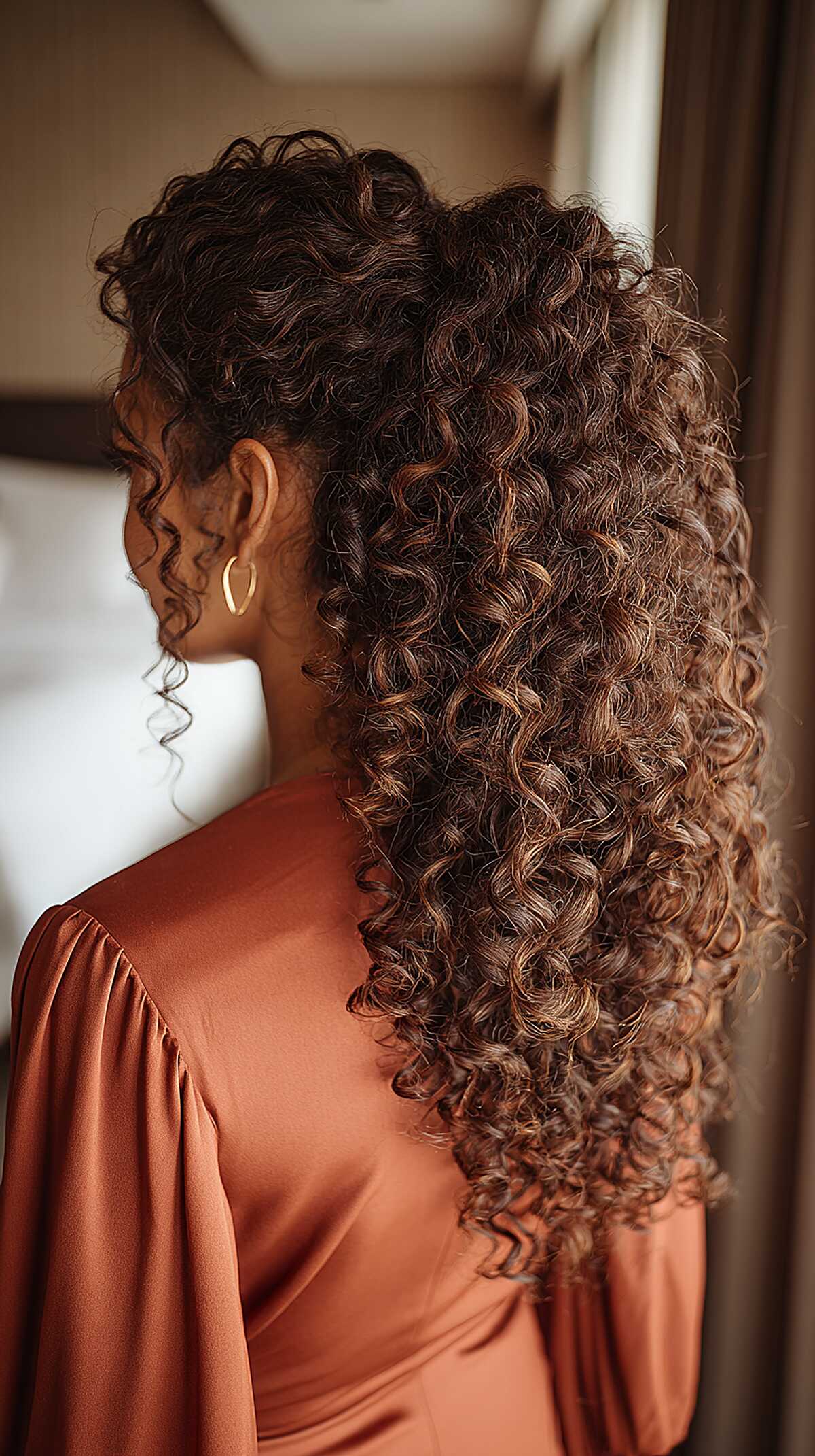 High Curly Ponytail with Warm Brunette Spirals Falling Past the Shoulders