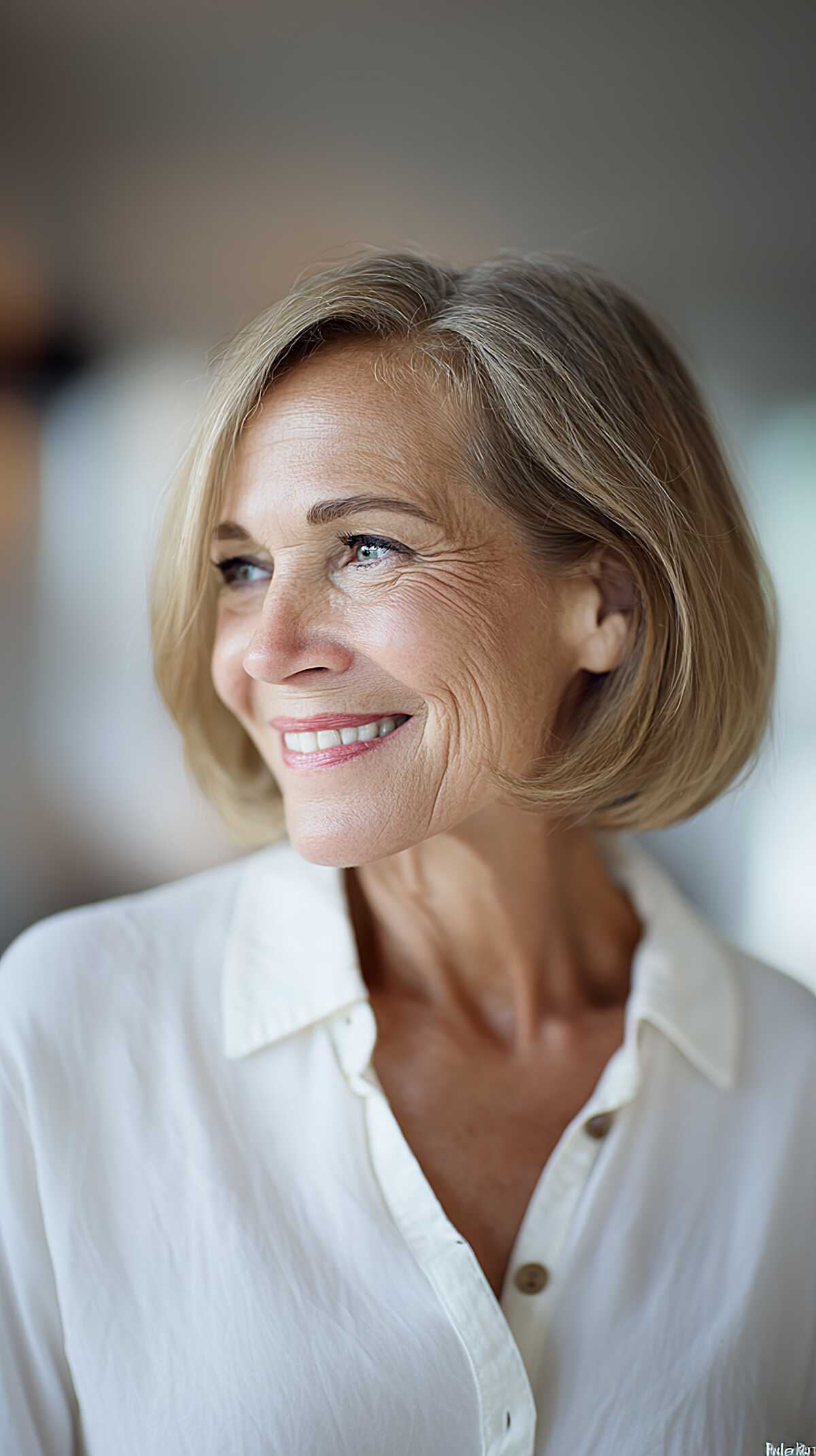 Honey Blonde Chin Bob with a Quiet Side Part