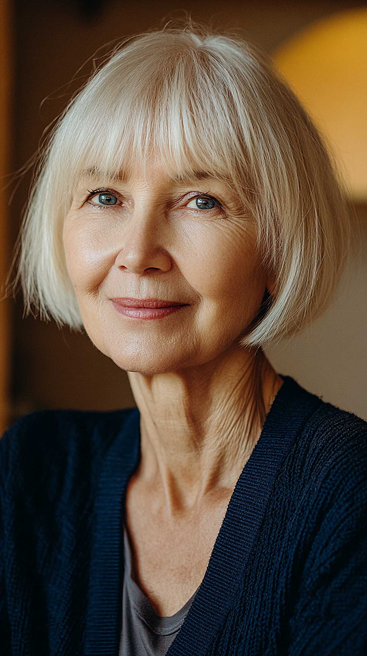 Icy White Chin-Length Bob with Soft Blunt Bangs
