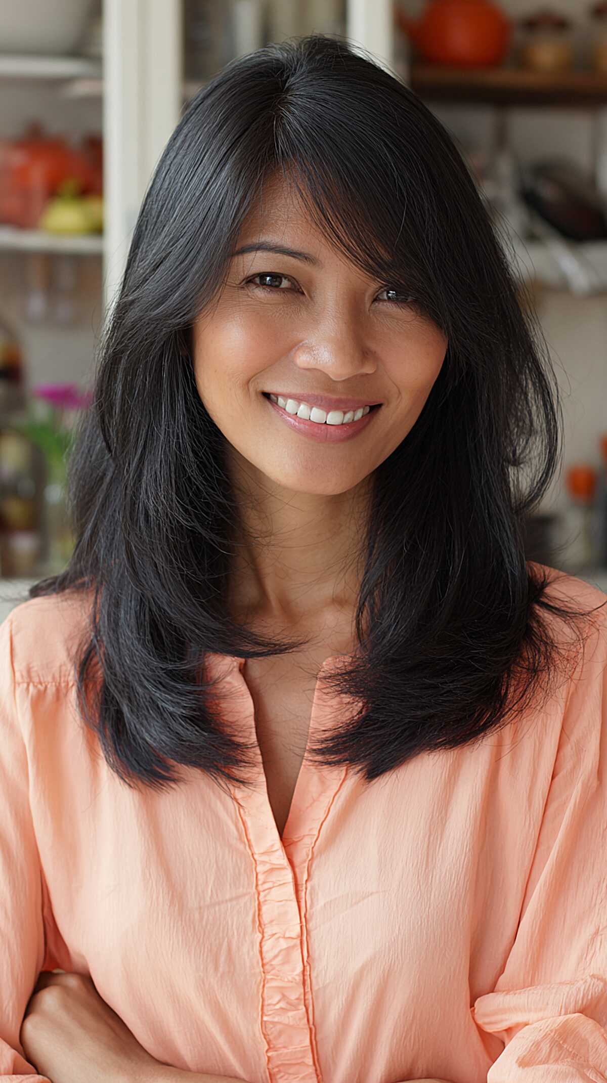 Jet Black Mid-Length Layers with Soft Curtain Fringe
