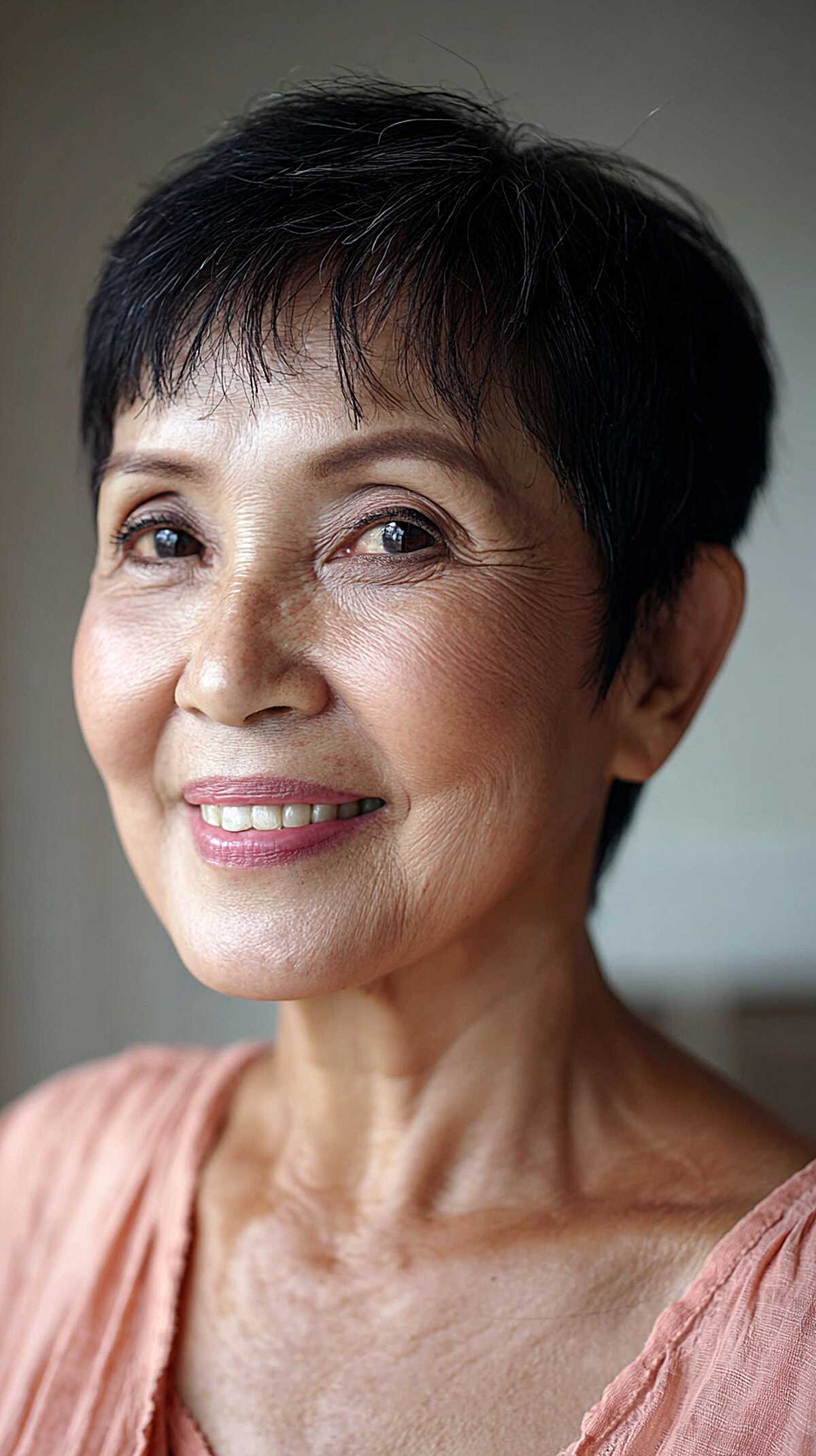 Jet Black Tapered Pixie with Piecey Sparse Fringe