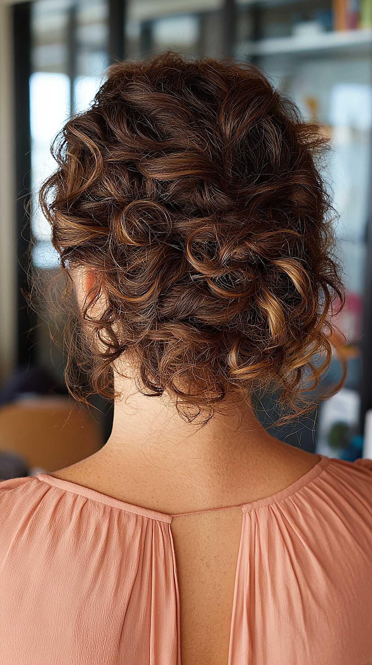 Loose Curly Low Bun with Golden Peekaboo Pieces