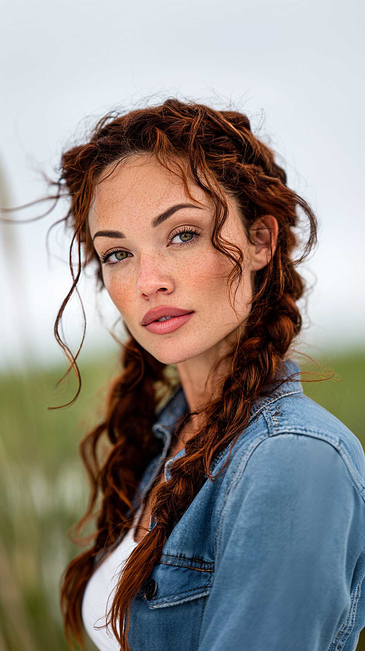 Loose Side Fishtail on Long Wavy Auburn Hair with Pulled Curly Pieces