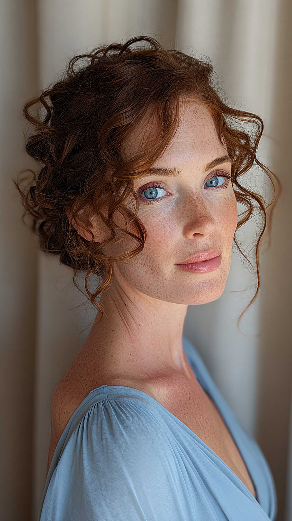 Loosely Pinned Curly Updo with Copper Ends and Romantic Temple Pieces