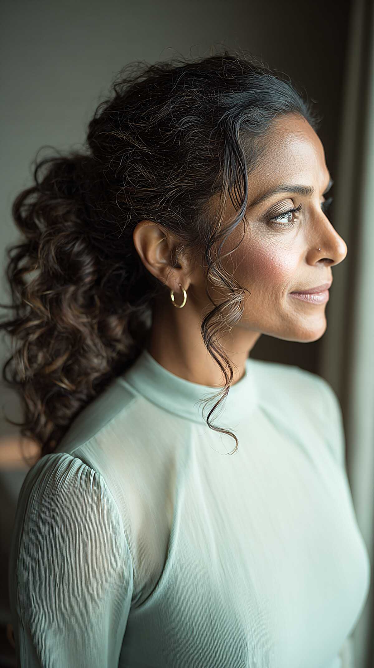 Low Curly Ponytail with Wet-Look Roots and Free Spirals