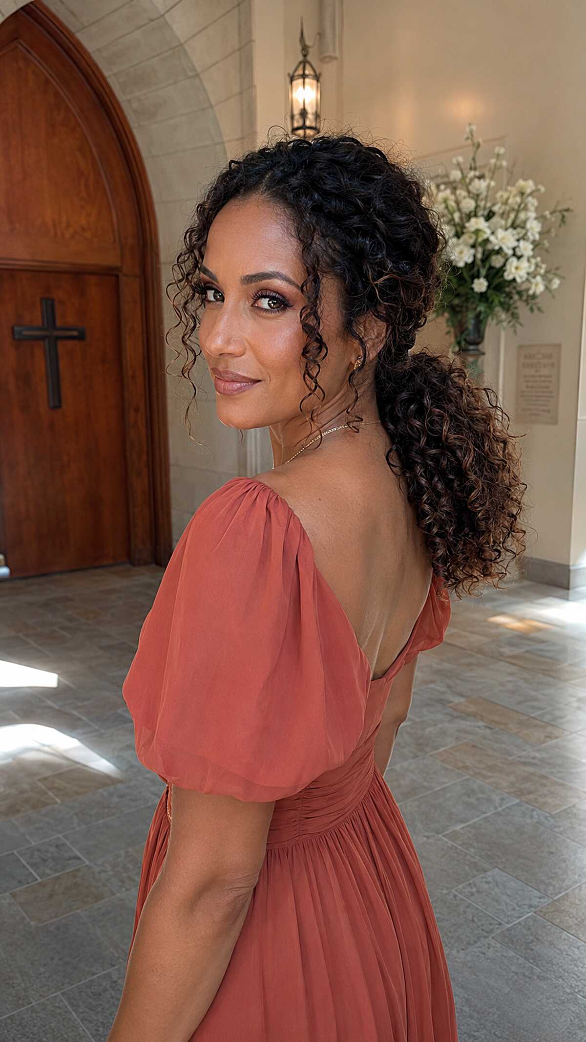 Mid-Back Curly Ponytail with Spiral Face Framing and Warm Ends