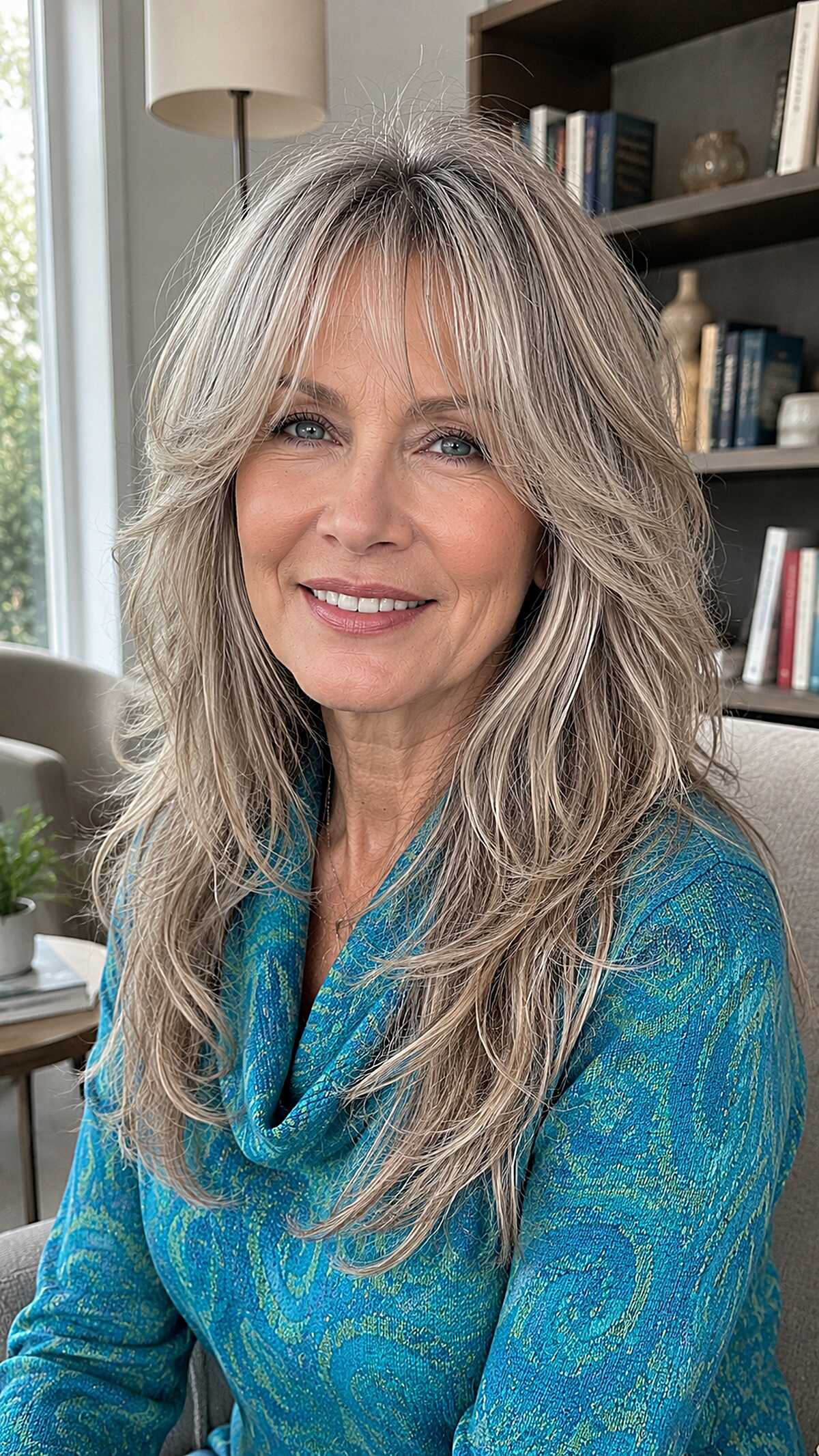 Natural Silver Blend with Feathered Long Layers and Soft Fringe