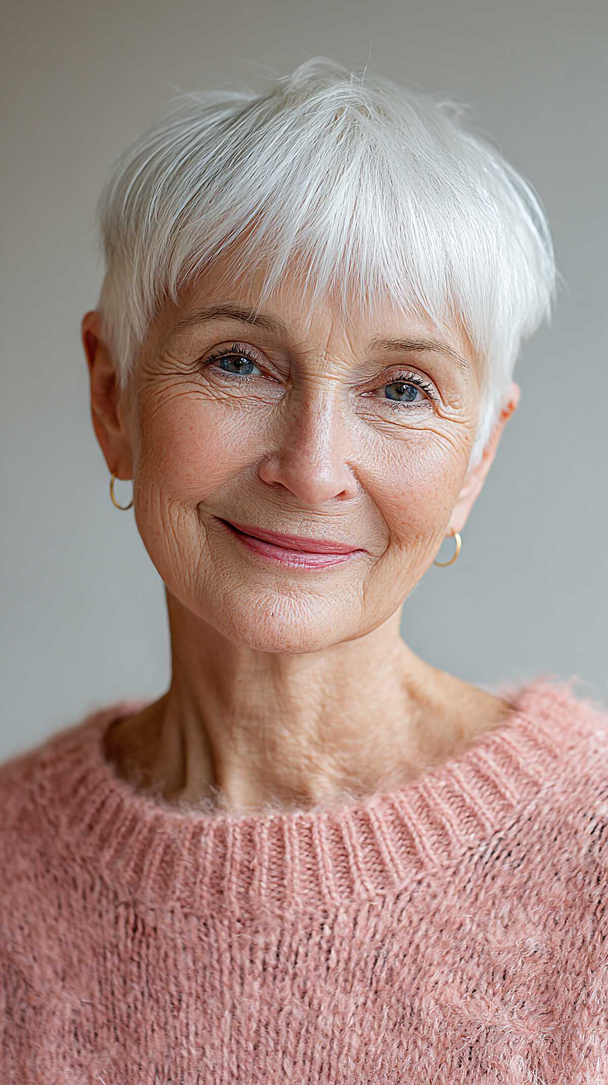 Natural White Close-Cropped Pixie with Feathery Forehead Fringe