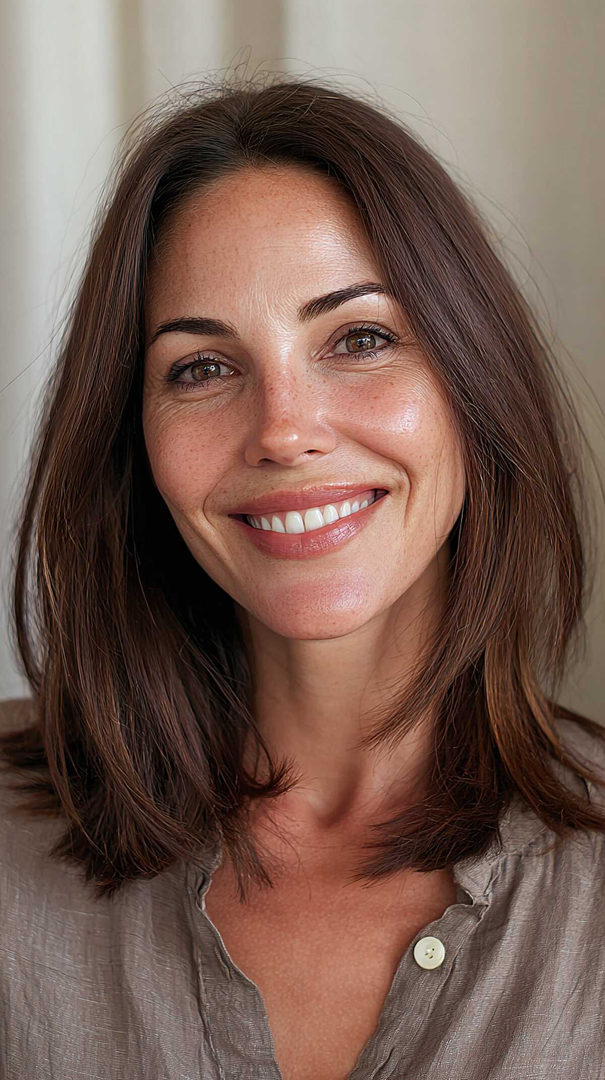 No-Fuss Collarbone Lob with Point-Cut Ends in Cool Brunette