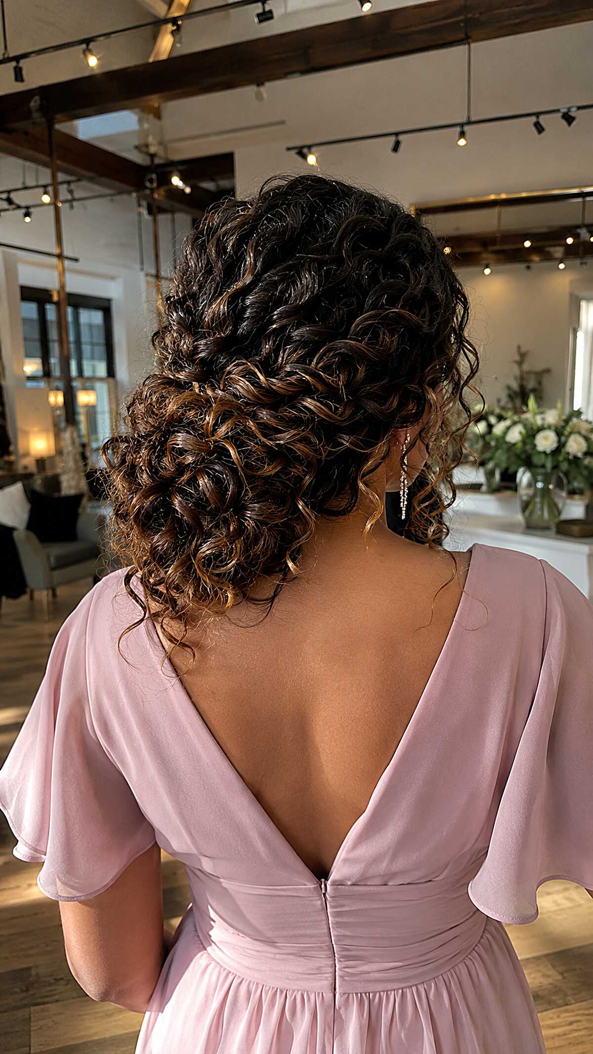 Off-Center Curly Gather with Caramel Painted Spirals