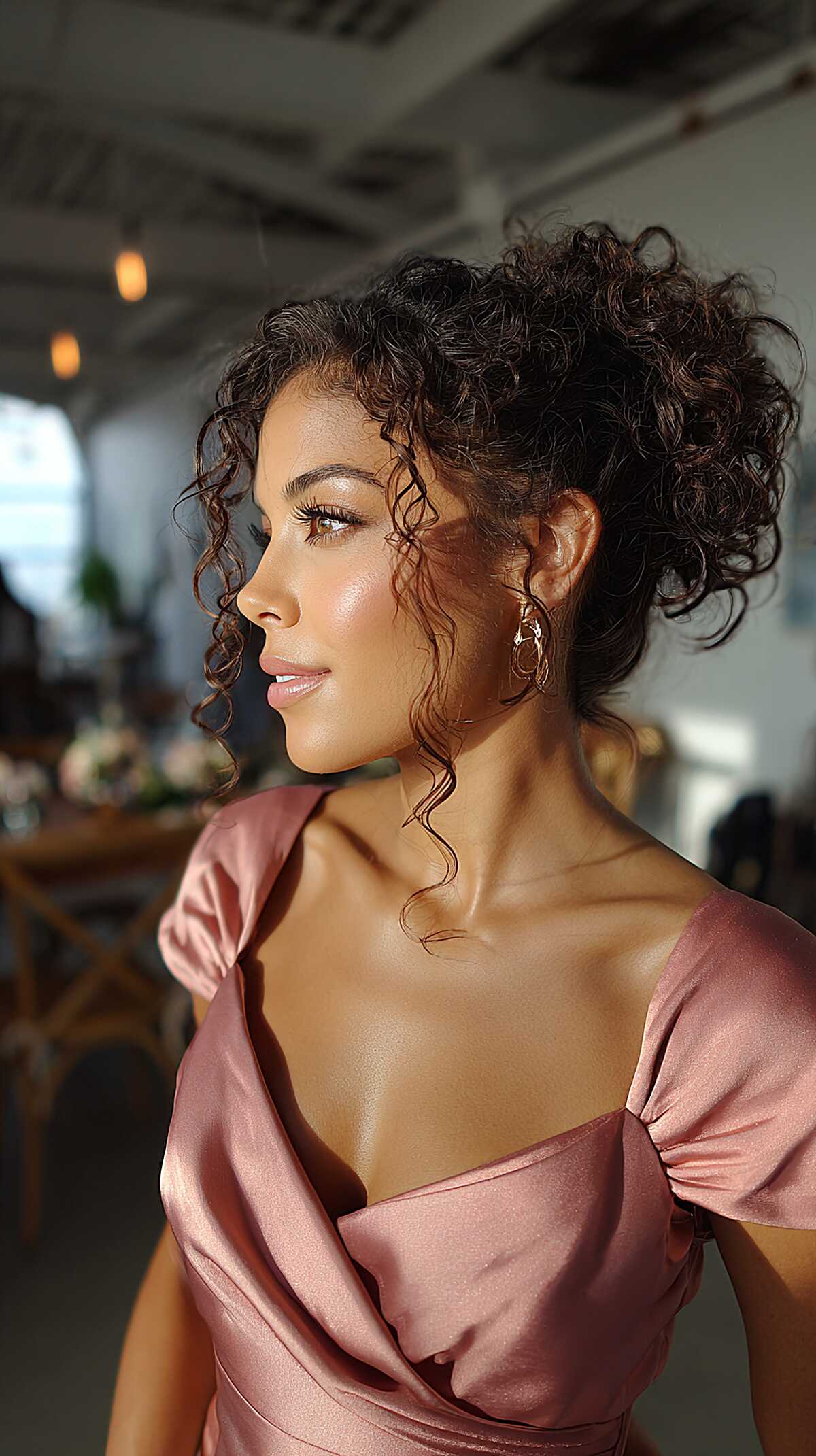 Piled Curly Updo with Loose Spiral Wisps at the Hairline