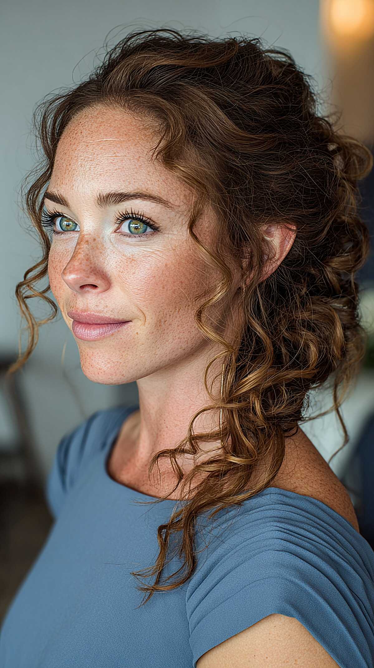 Relaxed Low Curly Gather with Sun-Kissed Ends