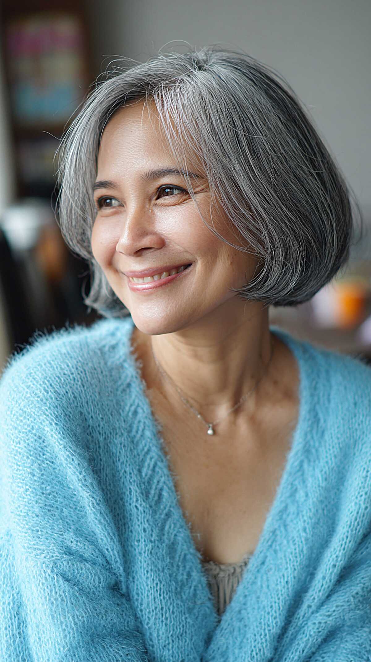 Salt-and-Pepper Blunt Bob with a Natural Side Part