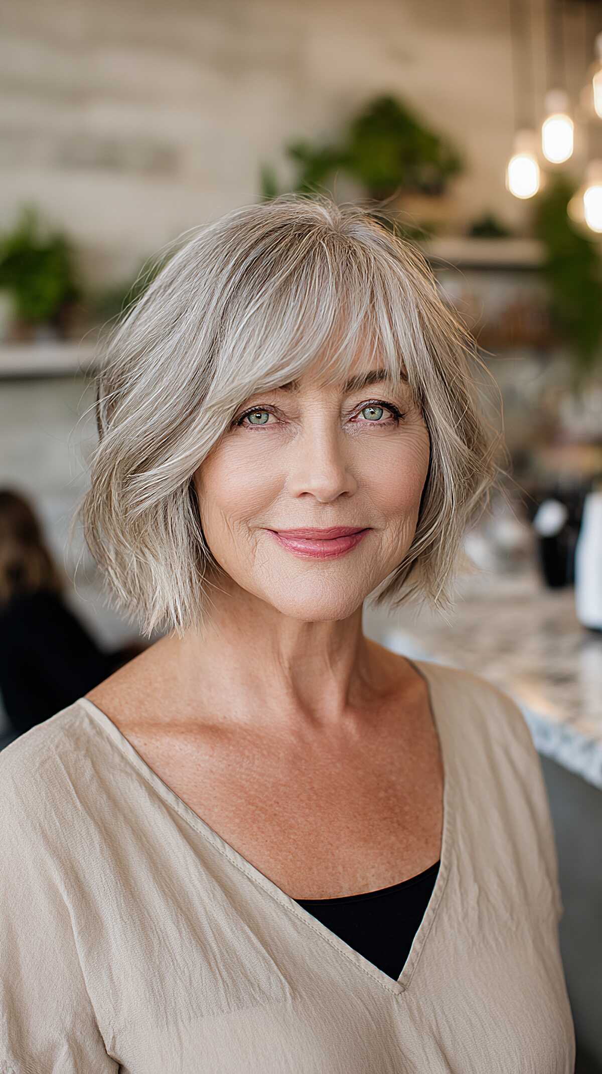 Ash blonde shaggy bob with soft curtain bangs