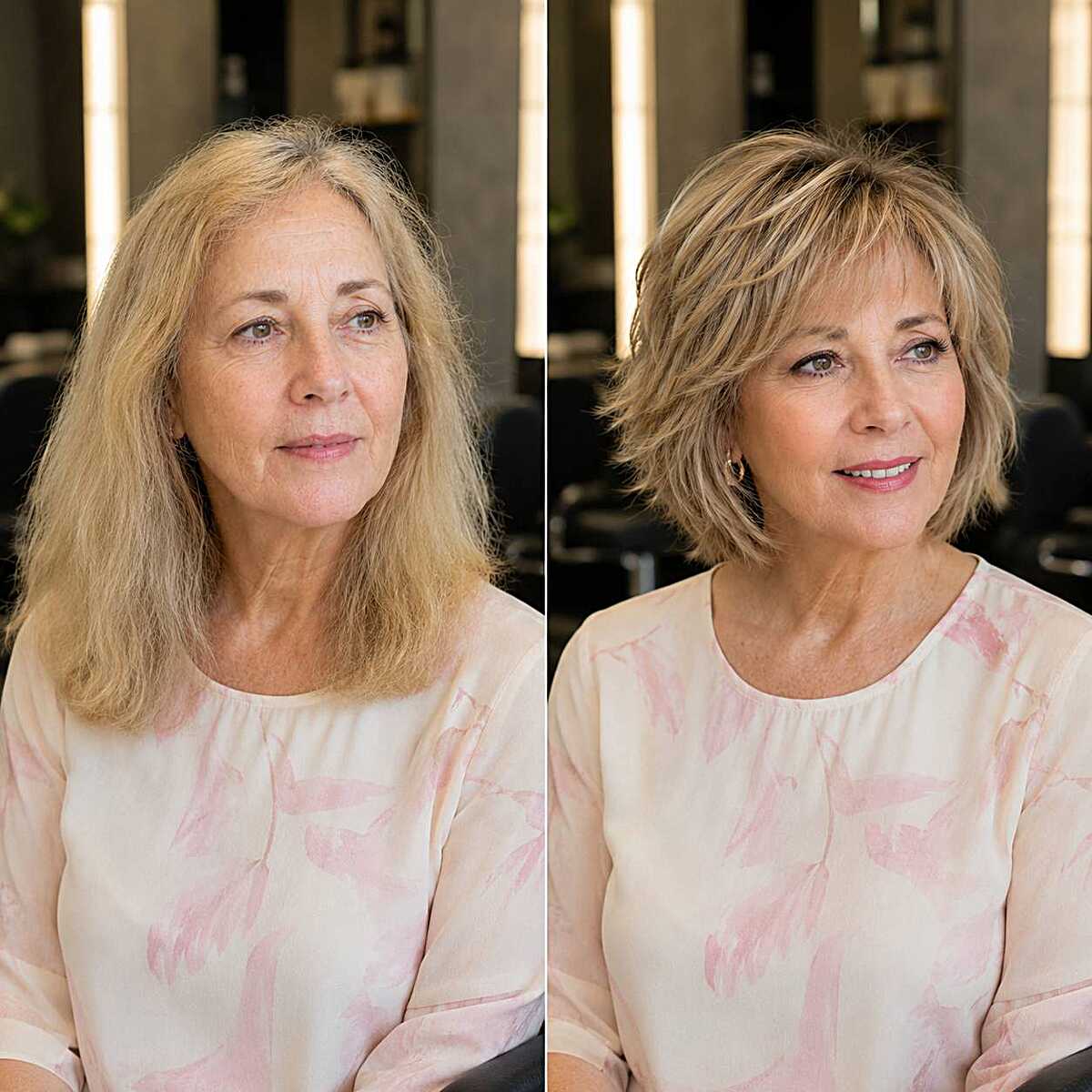 Before and after shaggy bob transformation on blonde hair