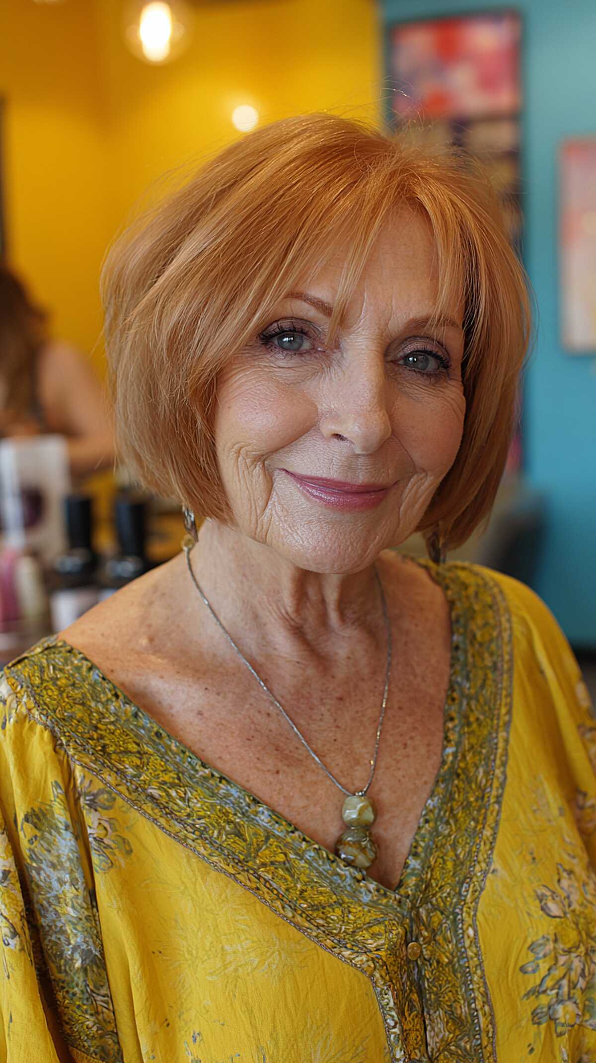 Copper shaggy bob with wispy short bangs
