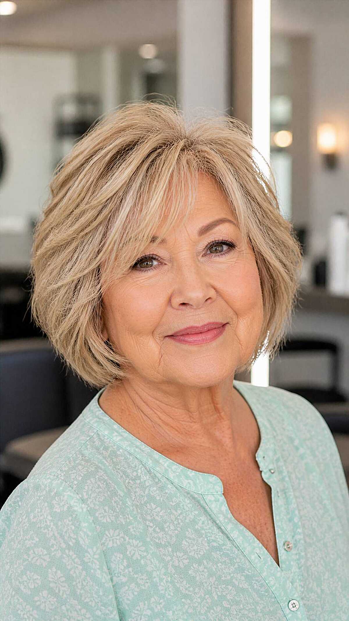 Feathered blonde shaggy bob with lifted crown layers